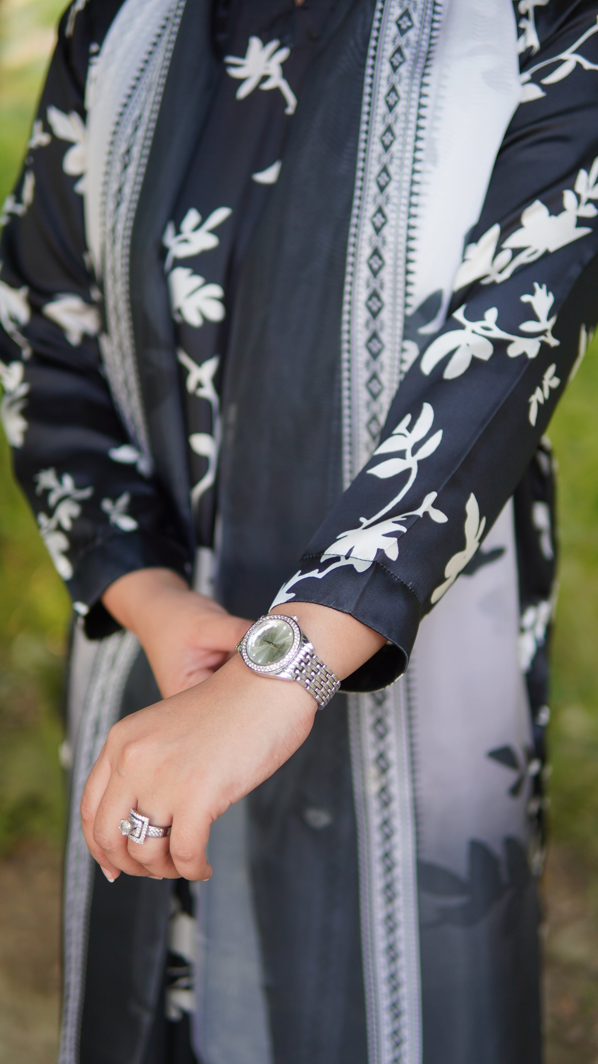 Premium Black & White Floral Silk 3 Piece Stitched Suit with Silk Dupatta - Menaalpret