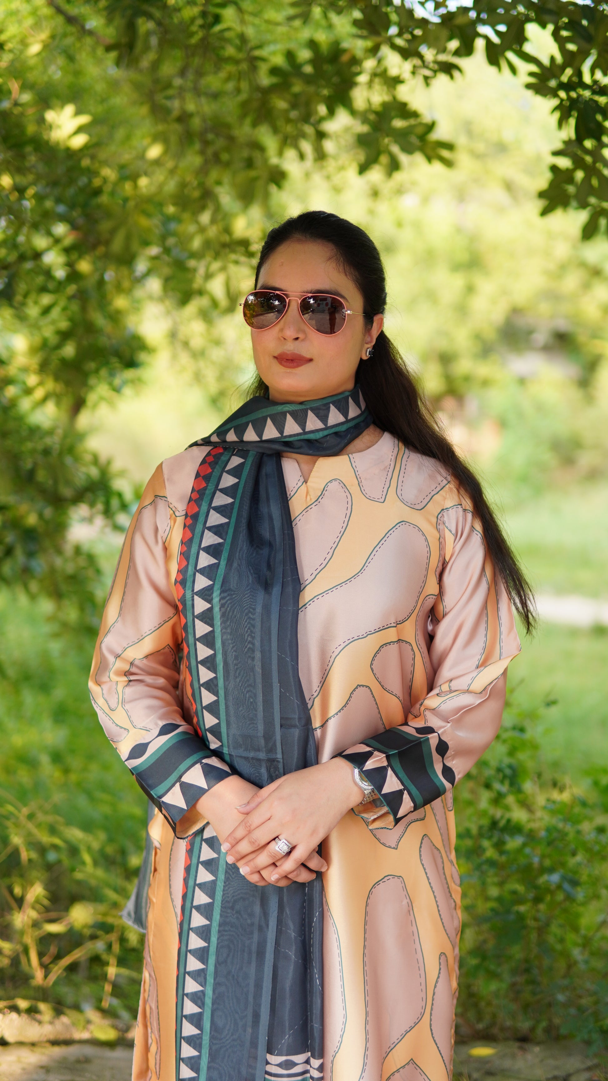 Premium 3 Piece Stitched Silk Suit in Peach with Charcoal Printed Silk Dupatta – Luxury Ready to Wear - Menaalpret