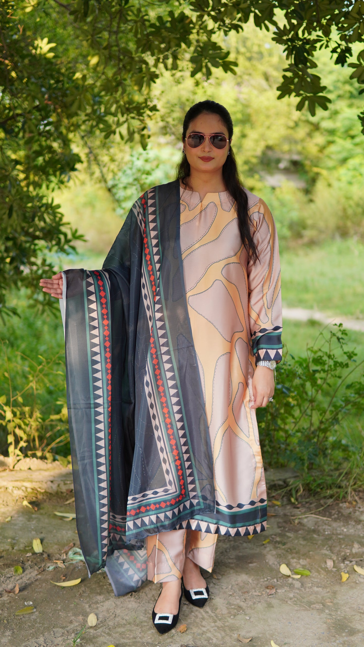 Premium 3 Piece Stitched Silk Suit in Peach with Charcoal Printed Silk Dupatta – Luxury Ready to Wear - Menaalpret