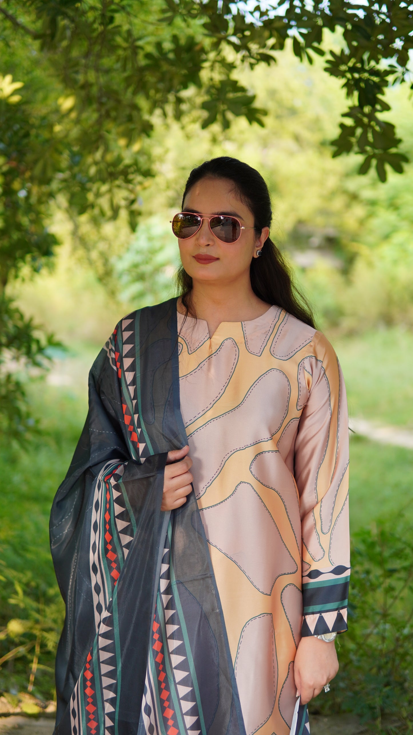Premium 3 Piece Stitched Silk Suit in Peach with Charcoal Printed Silk Dupatta – Luxury Ready to Wear - Menaalpret
