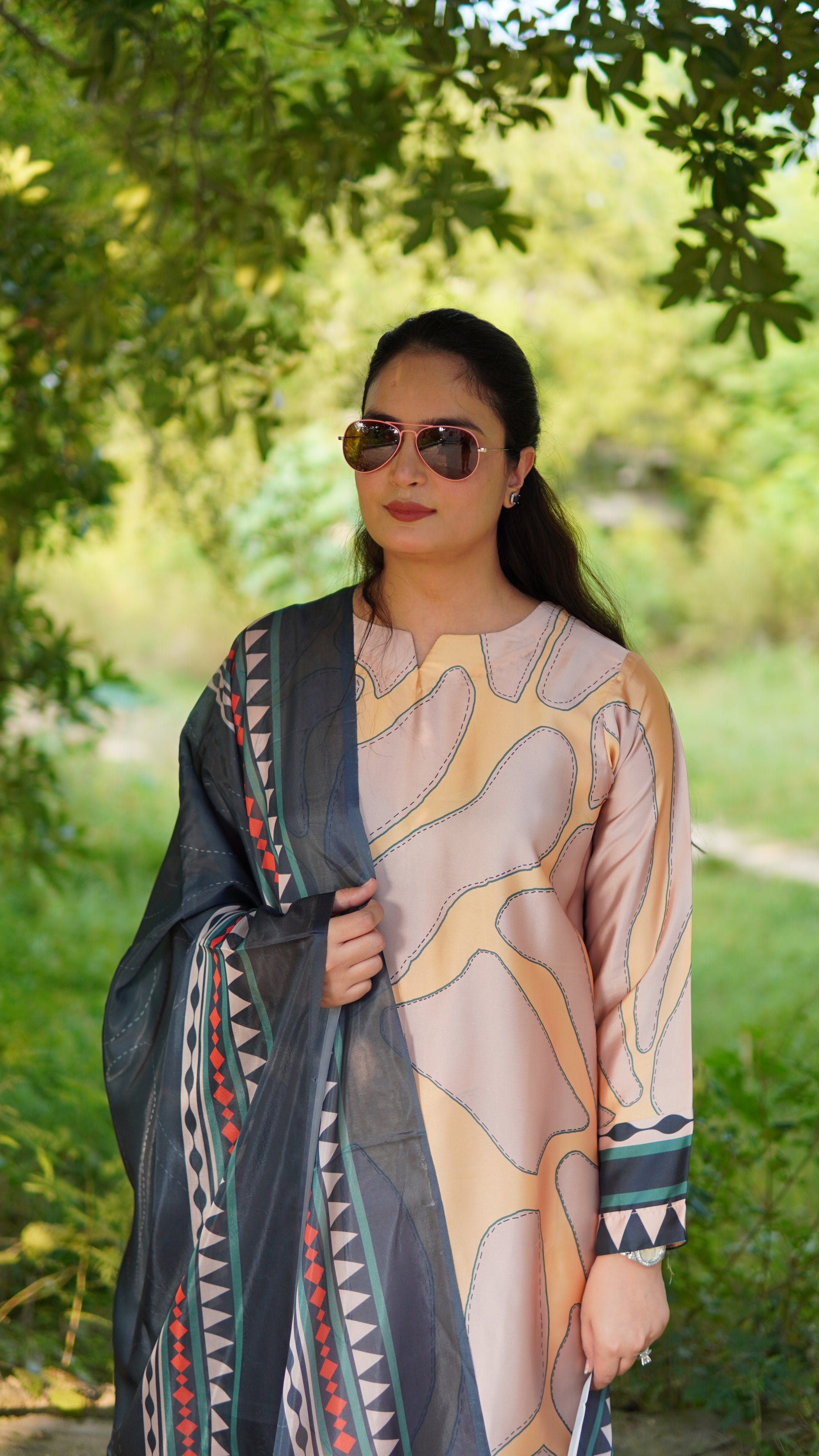 Premium 3 Piece Stitched Silk Suit in Peach with Charcoal Printed Silk Dupatta – Luxury Ready to Wear - Menaalpret
