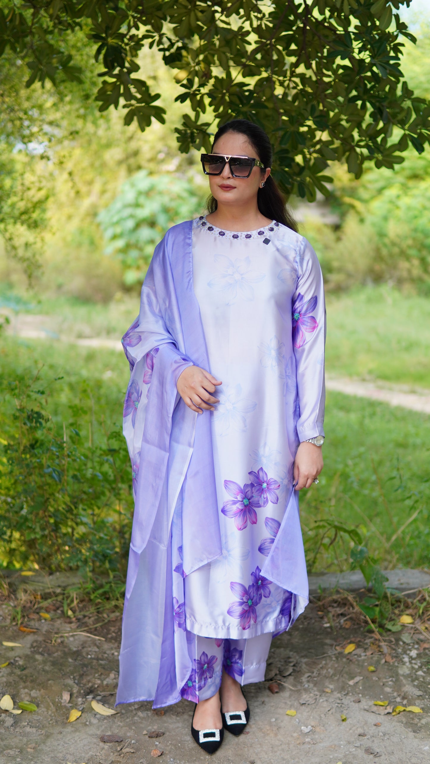 Premium 3 Piece Stitched Printed Silk Suit in Purple with Hand Embellishment – Luxury Ready to Wear - Menaalpret
