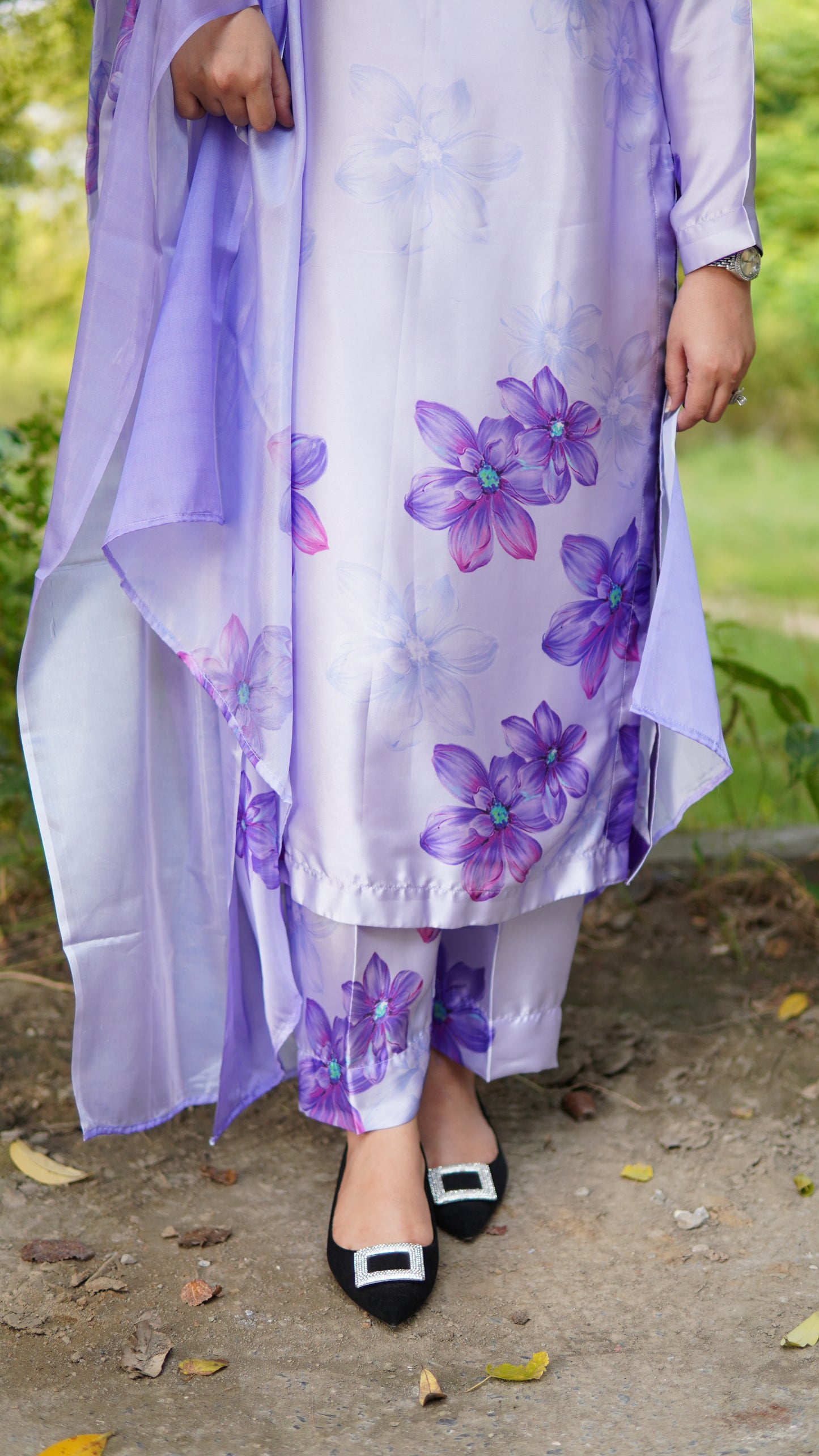Premium 3 Piece Stitched Printed Silk Suit in Purple with Hand Embellishment – Luxury Ready to Wear - Menaalpret
