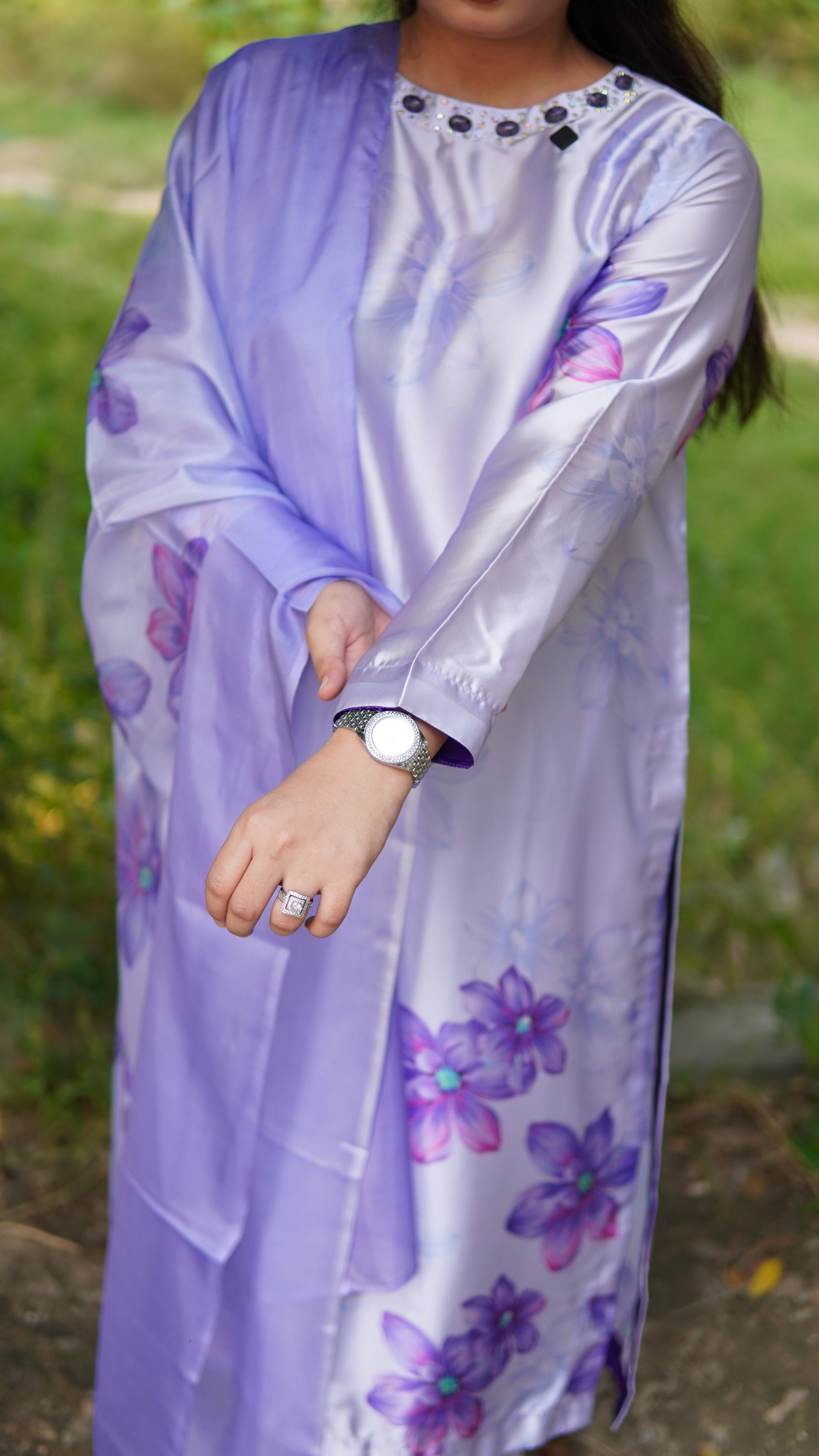 Premium 3 Piece Stitched Printed Silk Suit in Purple with Hand Embellishment – Luxury Ready to Wear - Menaalpret