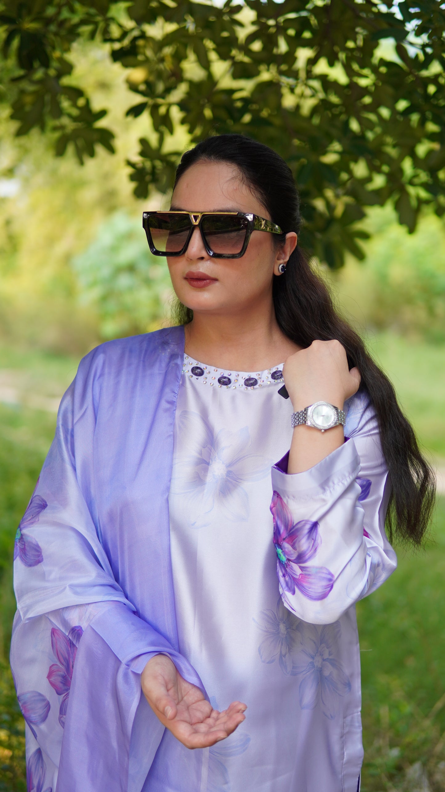 Premium 3 Piece Stitched Printed Silk Suit in Purple with Hand Embellishment – Luxury Ready to Wear - Menaalpret