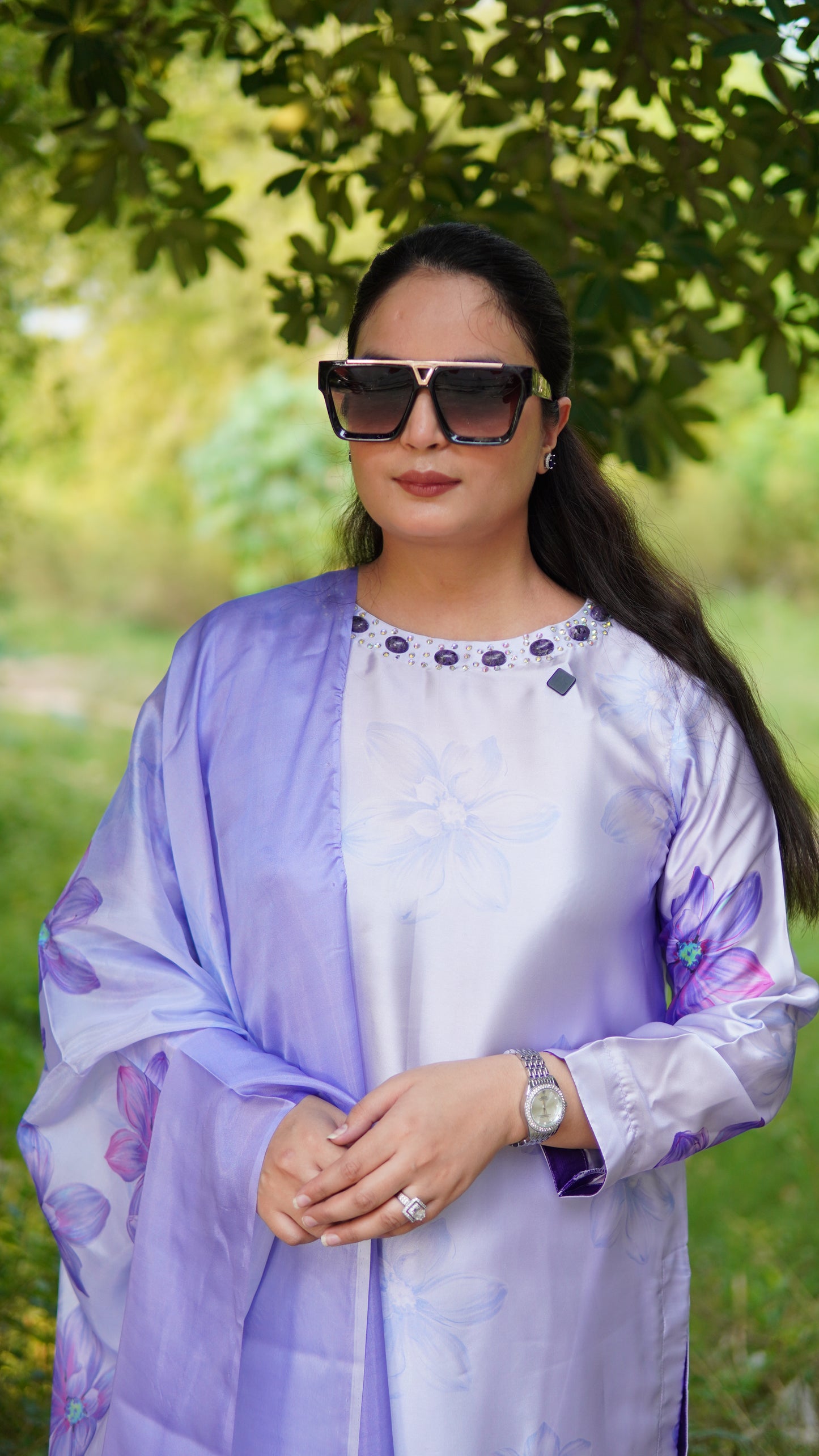 Premium 3 Piece Stitched Printed Silk Suit in Purple with Hand Embellishment – Luxury Ready to Wear - Menaalpret