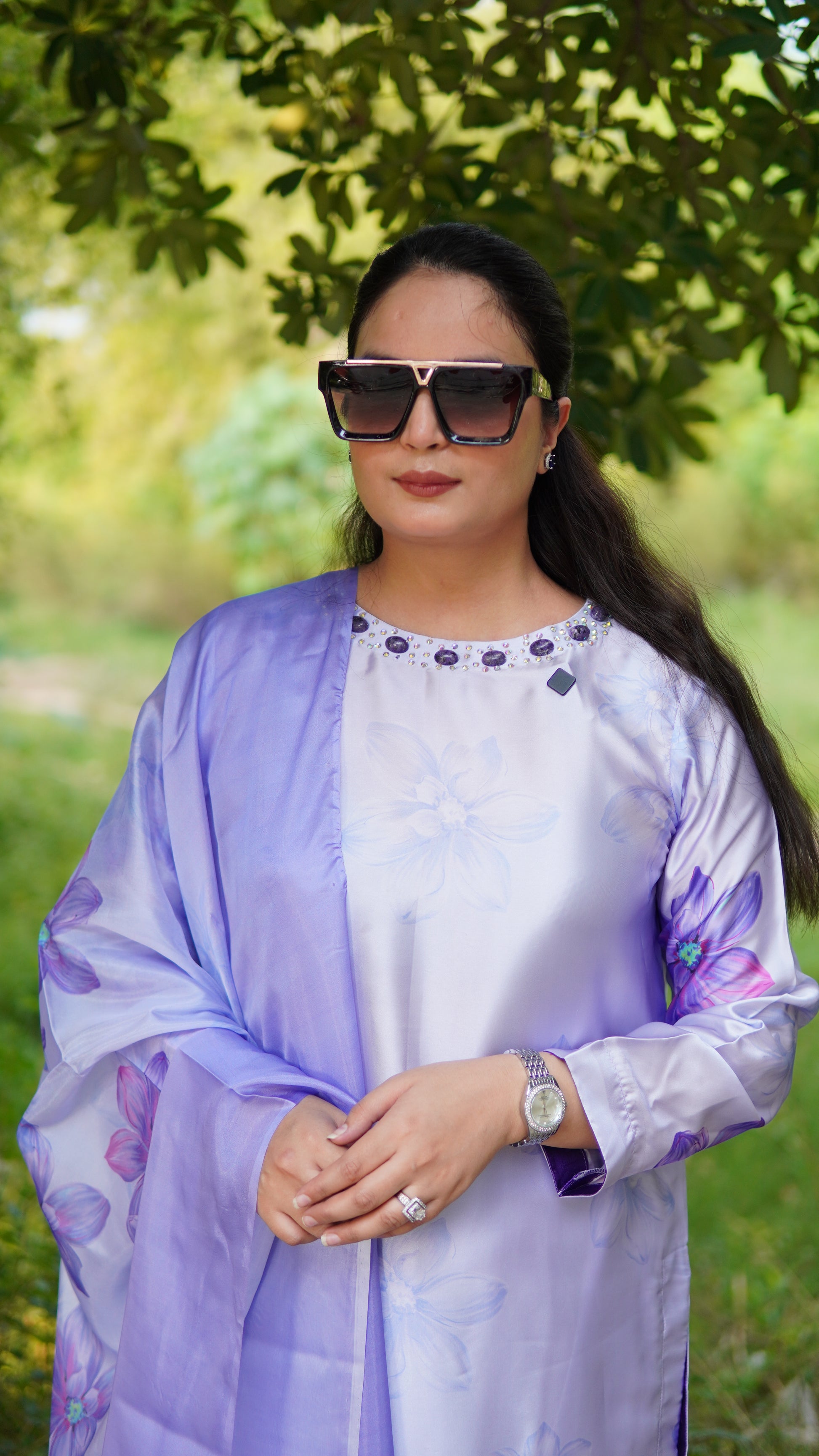 Premium 3 Piece Stitched Printed Silk Suit in Purple with Hand Embellishment – Luxury Ready to Wear - Menaalpret