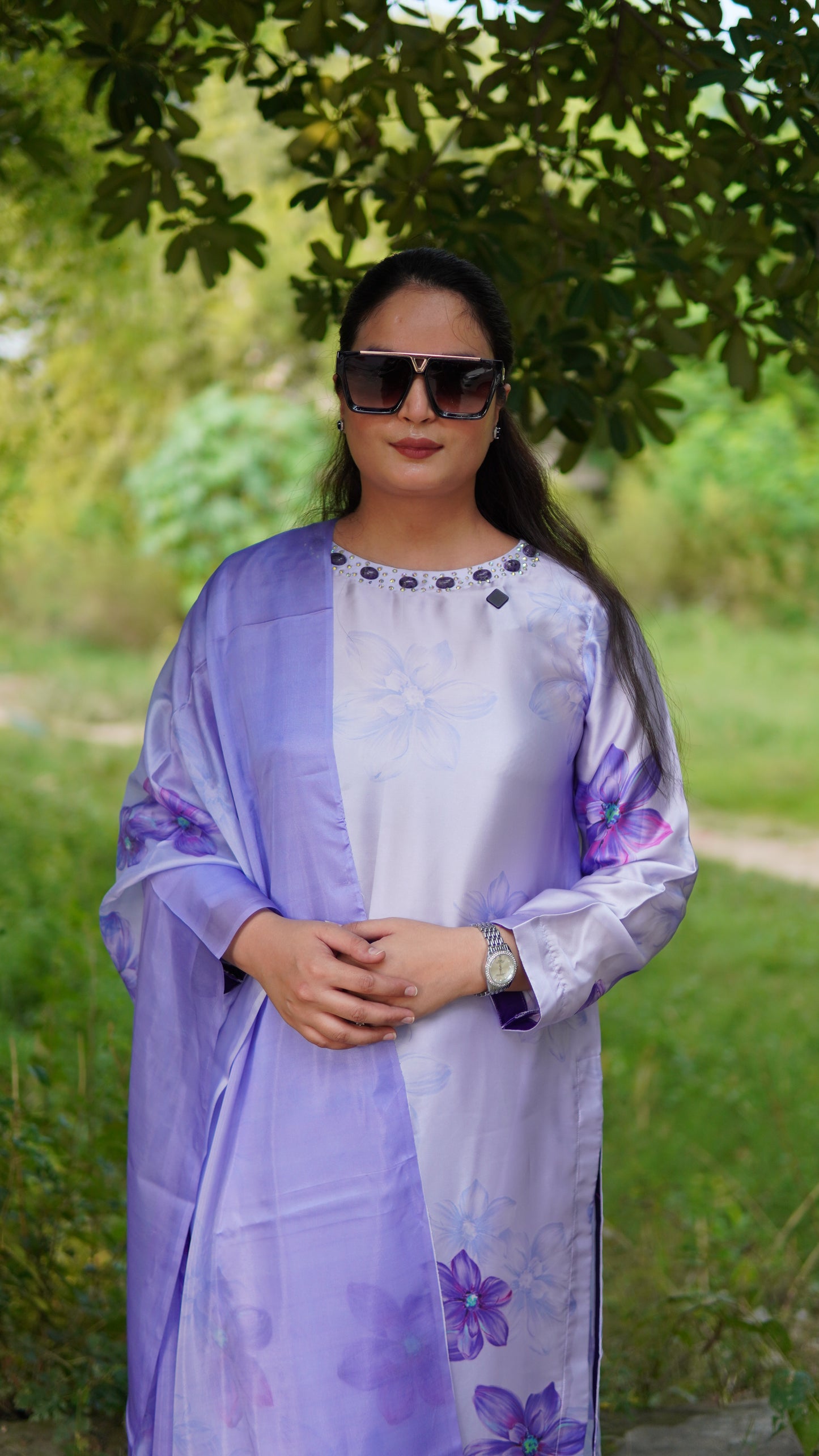 Premium 3 Piece Stitched Printed Silk Suit in Purple with Hand Embellishment – Luxury Ready to Wear - Menaalpret
