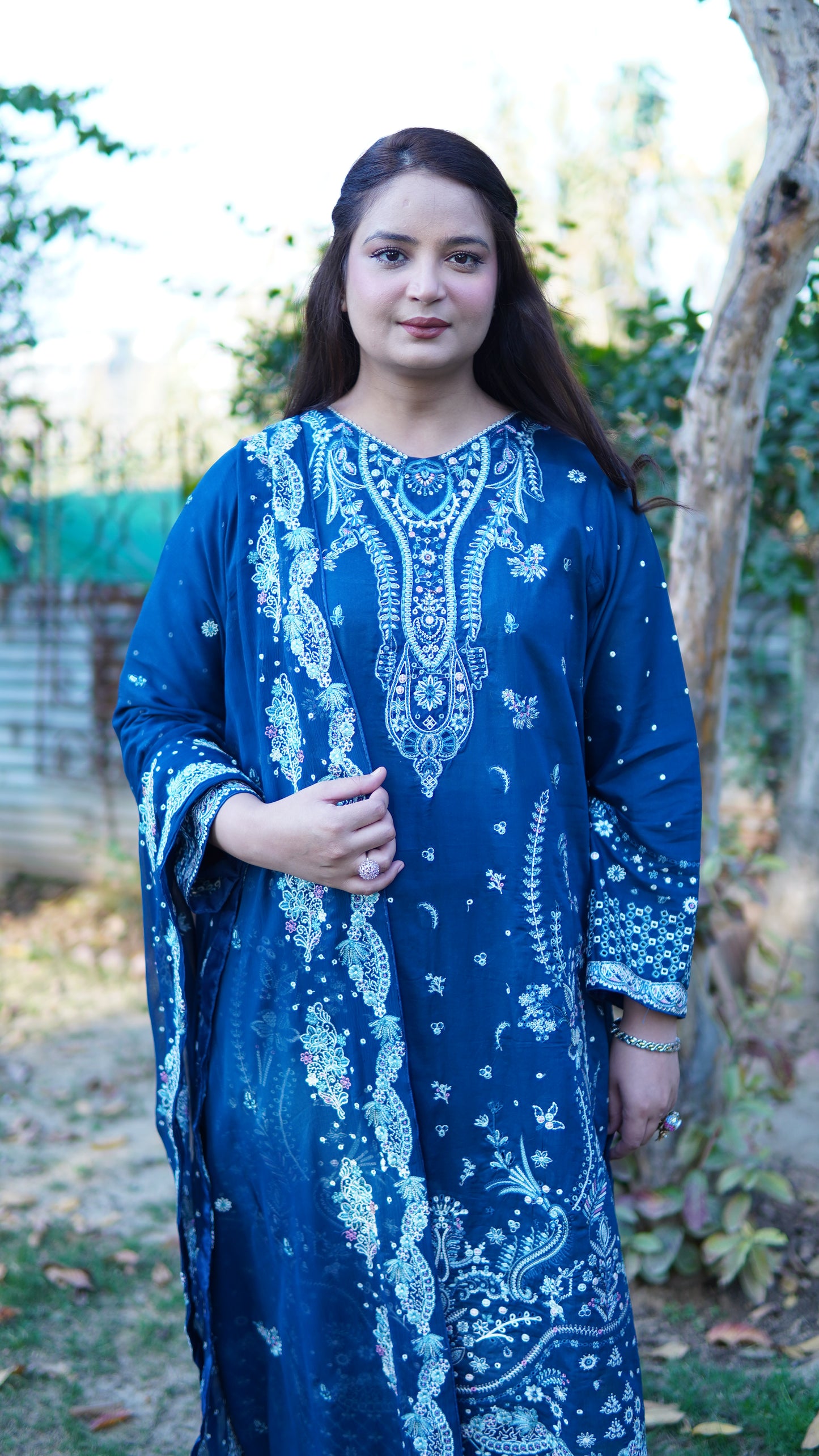 3 Piece Luxury Blue Embroidered Stitched Suit - Menaalpret