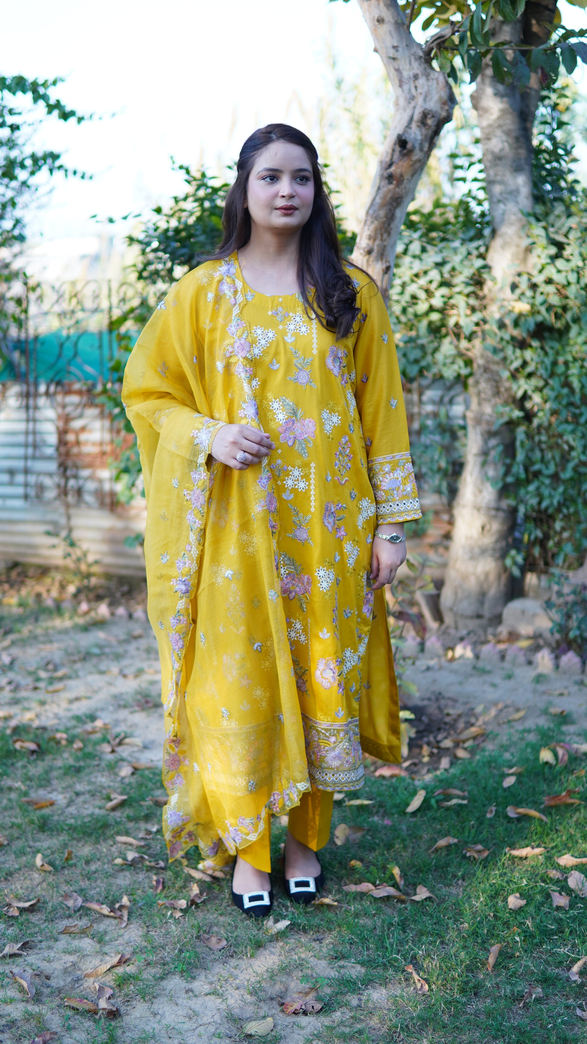 3 Piece Luxury Mustard Yellow Embroidered Stitched Suit with Cotton Net Dupatta - Menaalpret