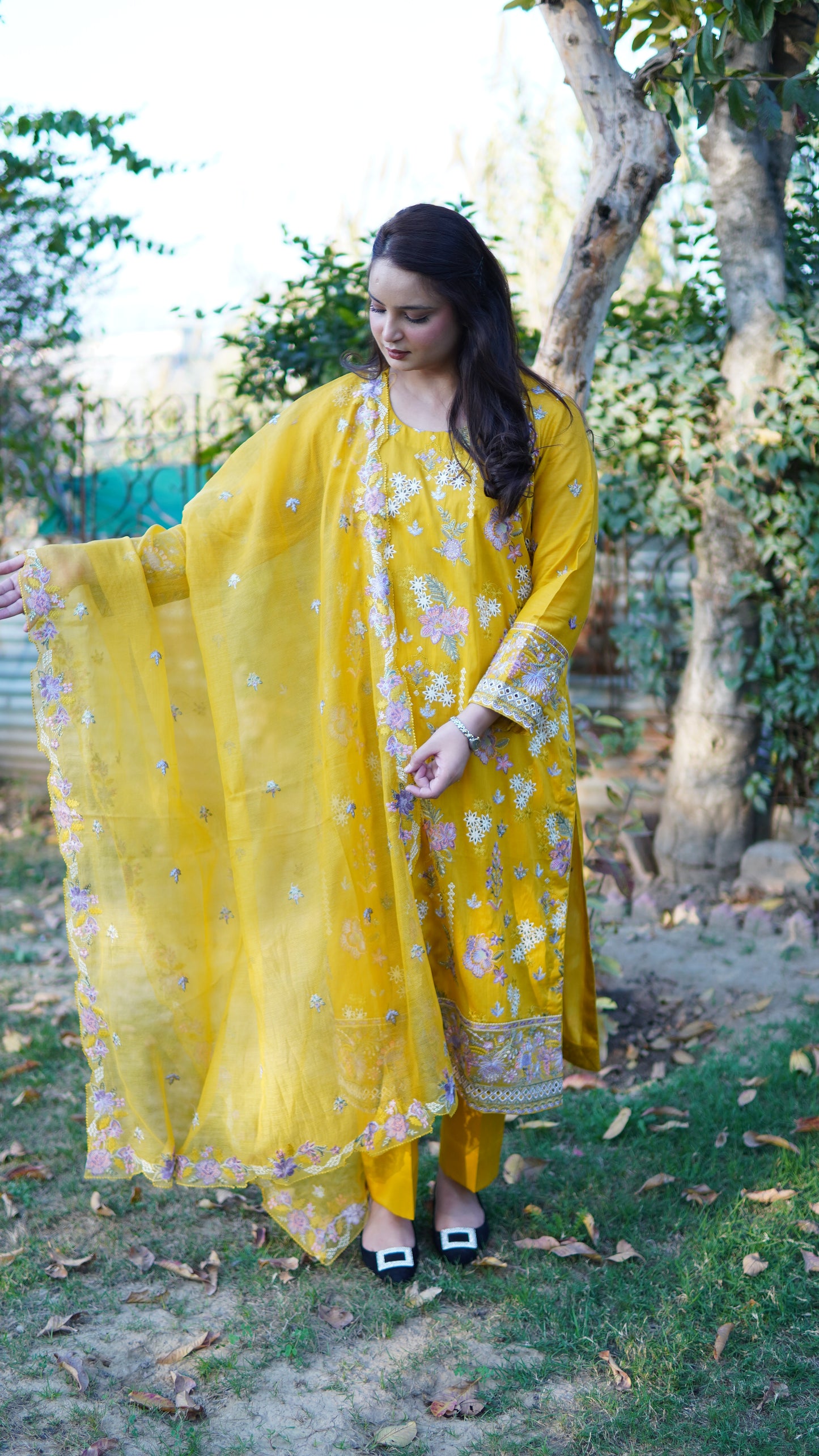 3 Piece Luxury Mustard Yellow Embroidered Stitched Suit with Cotton Net Dupatta - Menaalpret