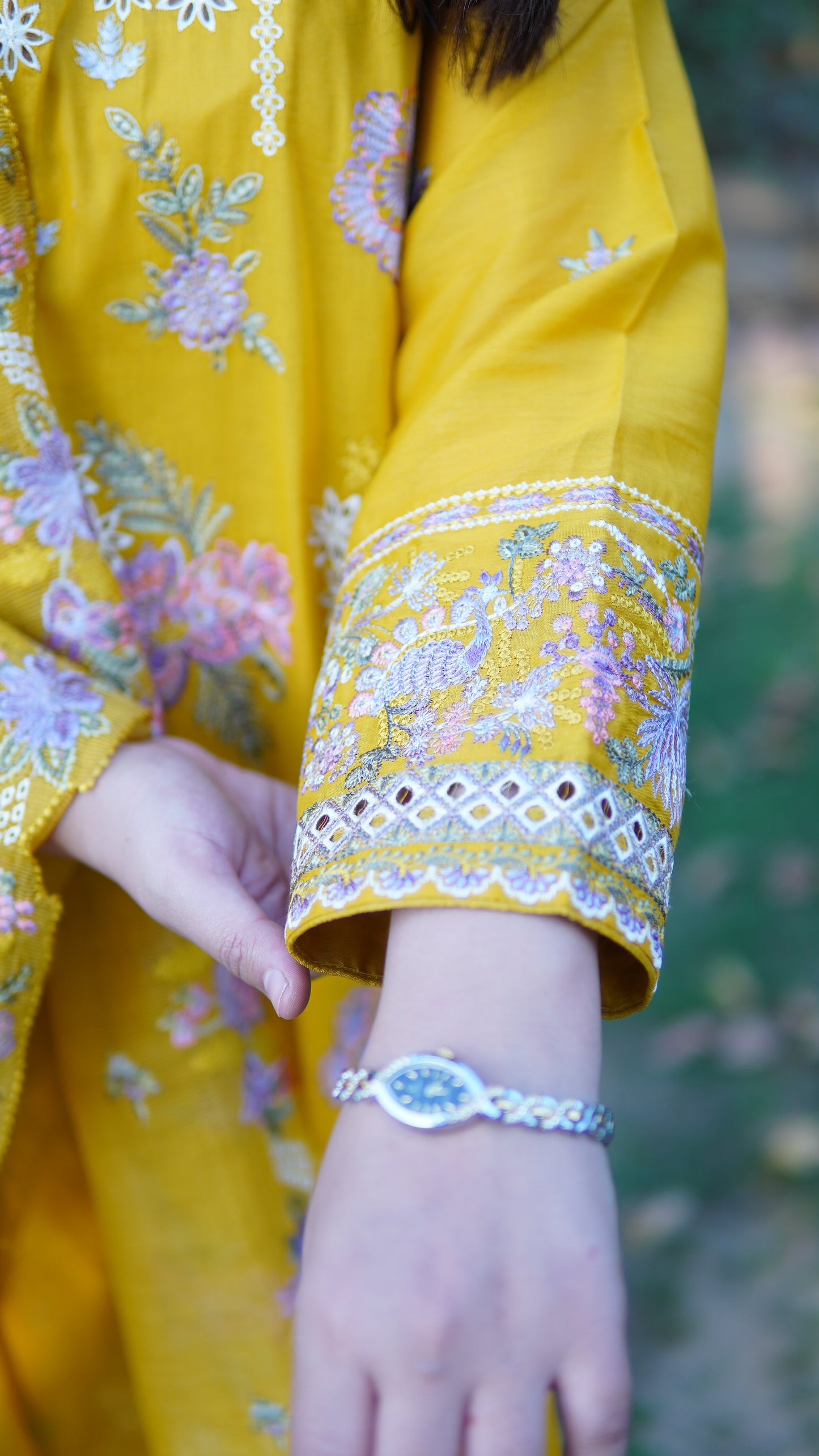 3 Piece Luxury Mustard Yellow Embroidered Stitched Suit with Cotton Net Dupatta - Menaalpret