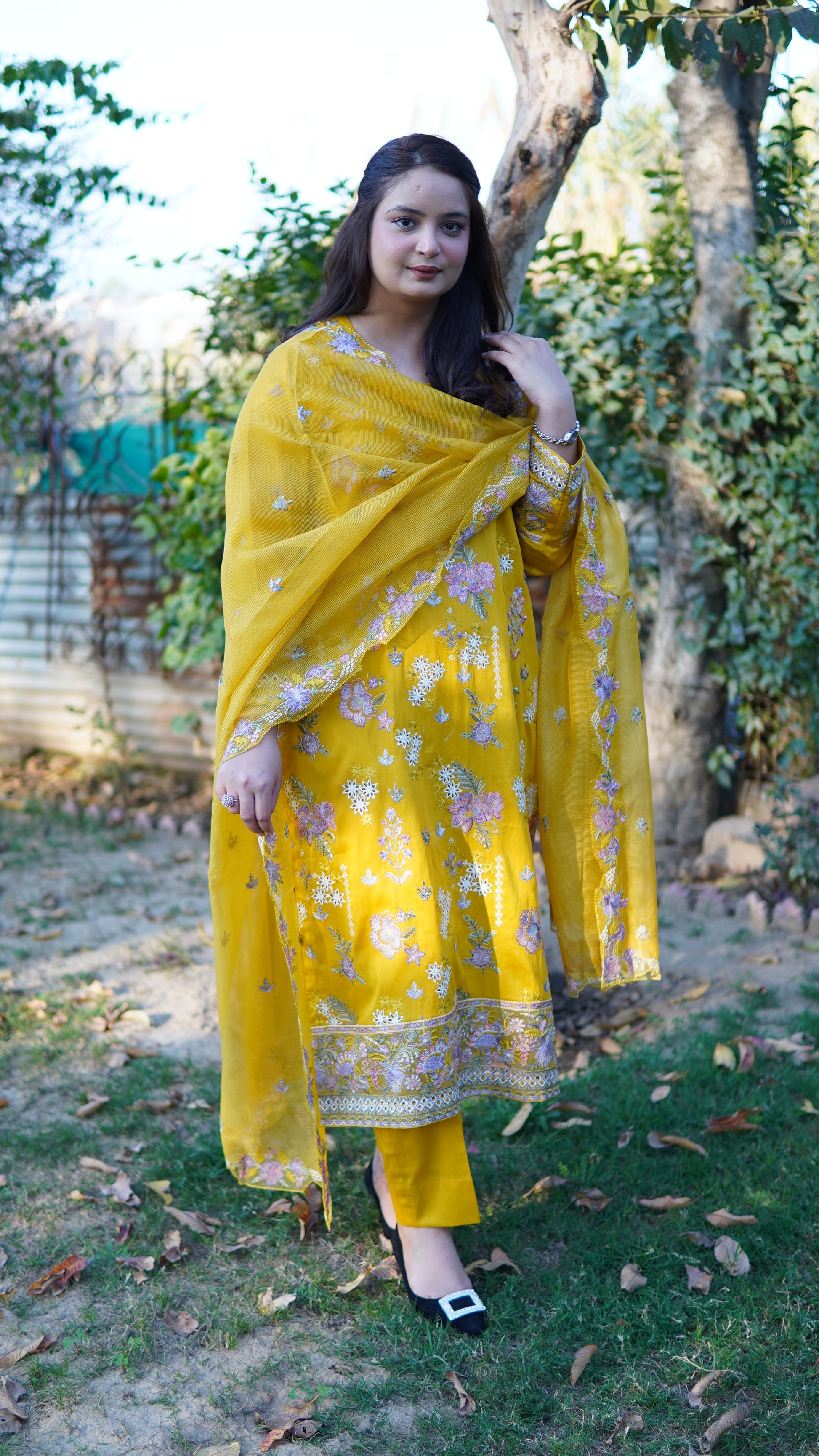 3 Piece Luxury Mustard Yellow Embroidered Stitched Suit with Cotton Net Dupatta - Menaalpret