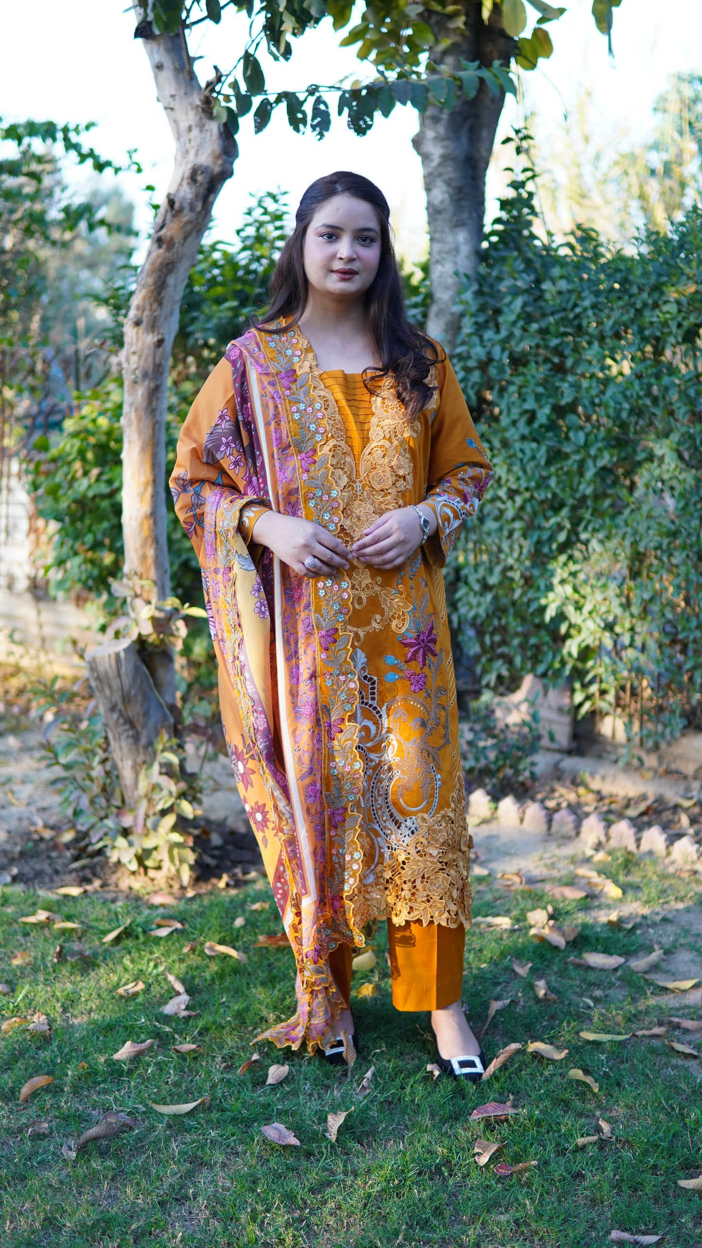 3 Piece Luxury Mustard Embroidered Suit with Silk Printed Dupatta - Menaalpret