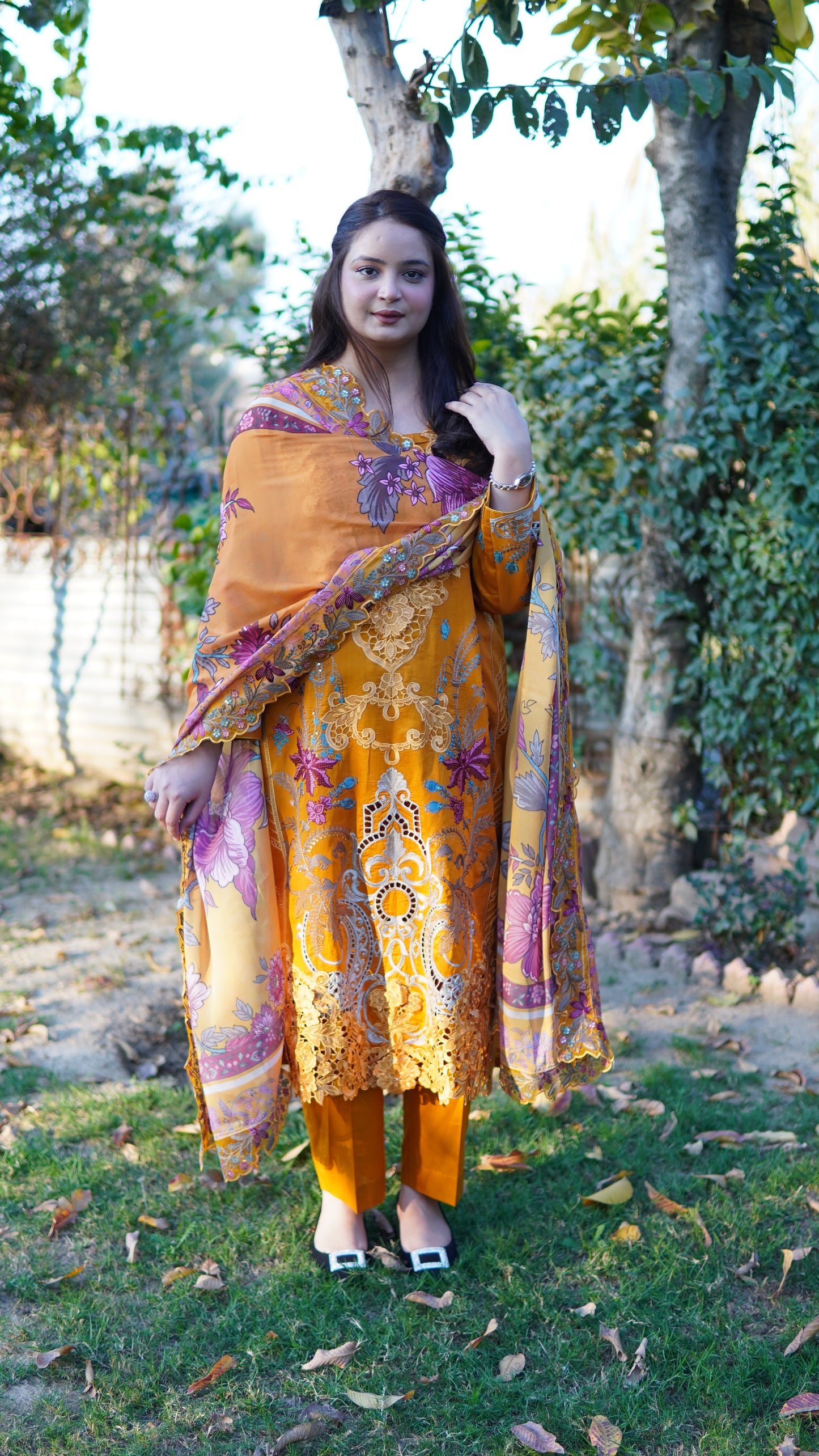 3 Piece Luxury Mustard Embroidered Suit with Silk Printed Dupatta - Menaalpret