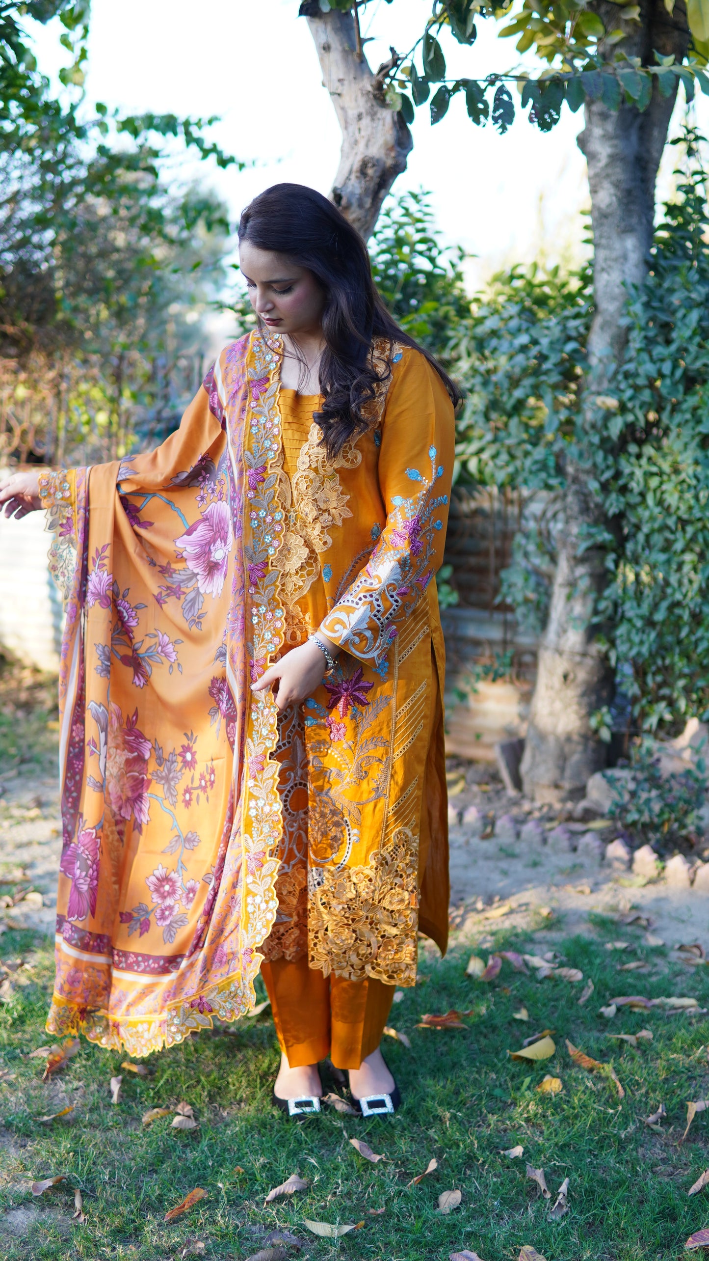 3 Piece Luxury Mustard Embroidered Suit with Silk Printed Dupatta - Menaalpret