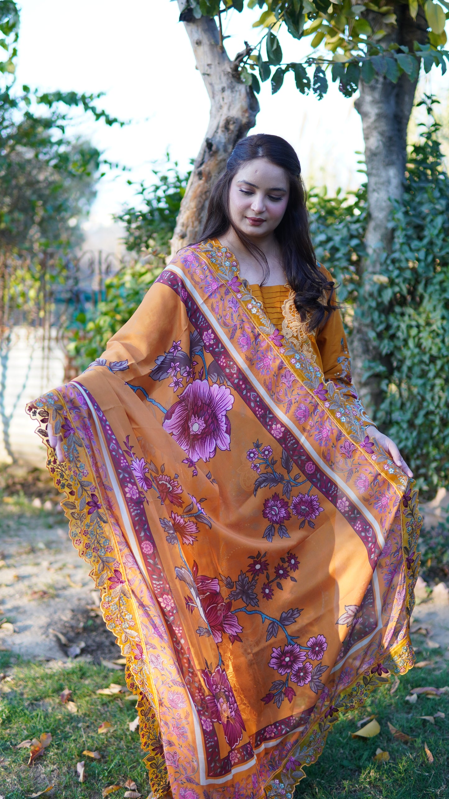 3 Piece Luxury Mustard Embroidered Suit with Silk Printed Dupatta - Menaalpret