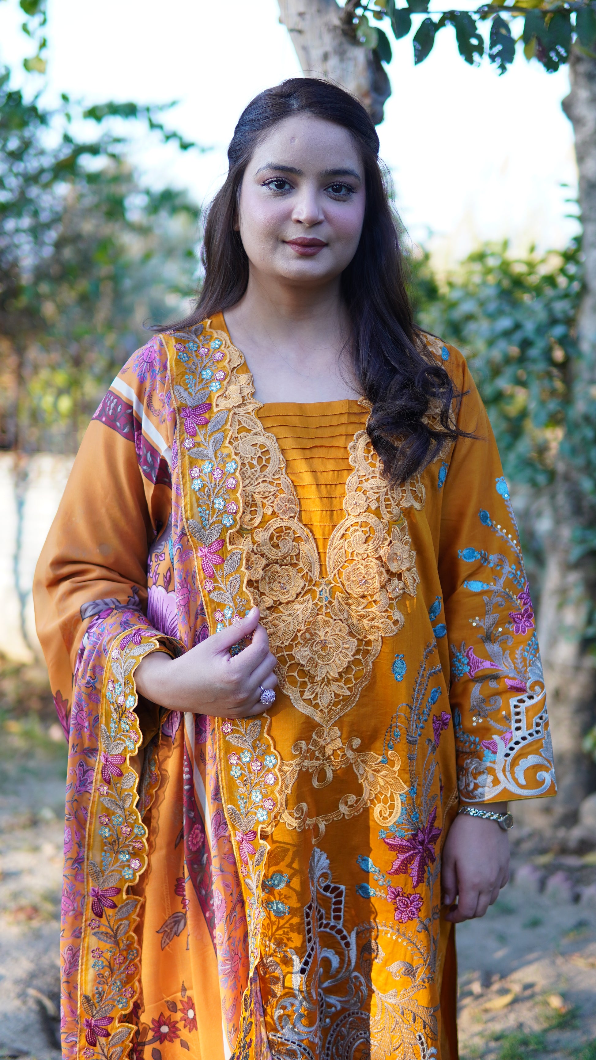 3 Piece Luxury Mustard Embroidered Suit with Silk Printed Dupatta - Menaalpret