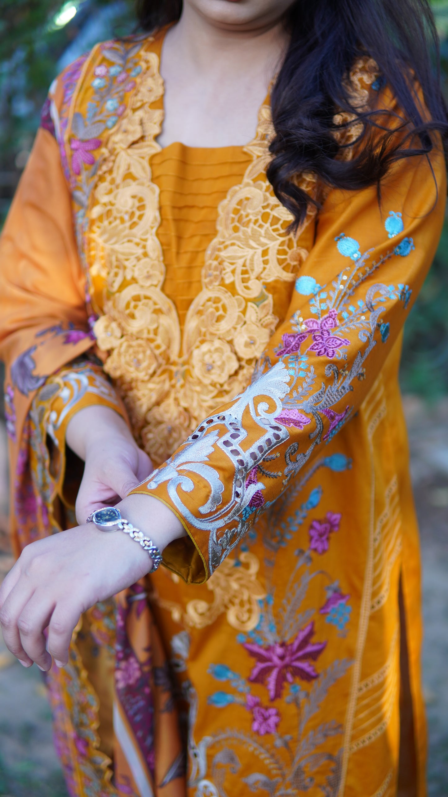 3 Piece Luxury Mustard Embroidered Suit with Silk Printed Dupatta - Menaalpret