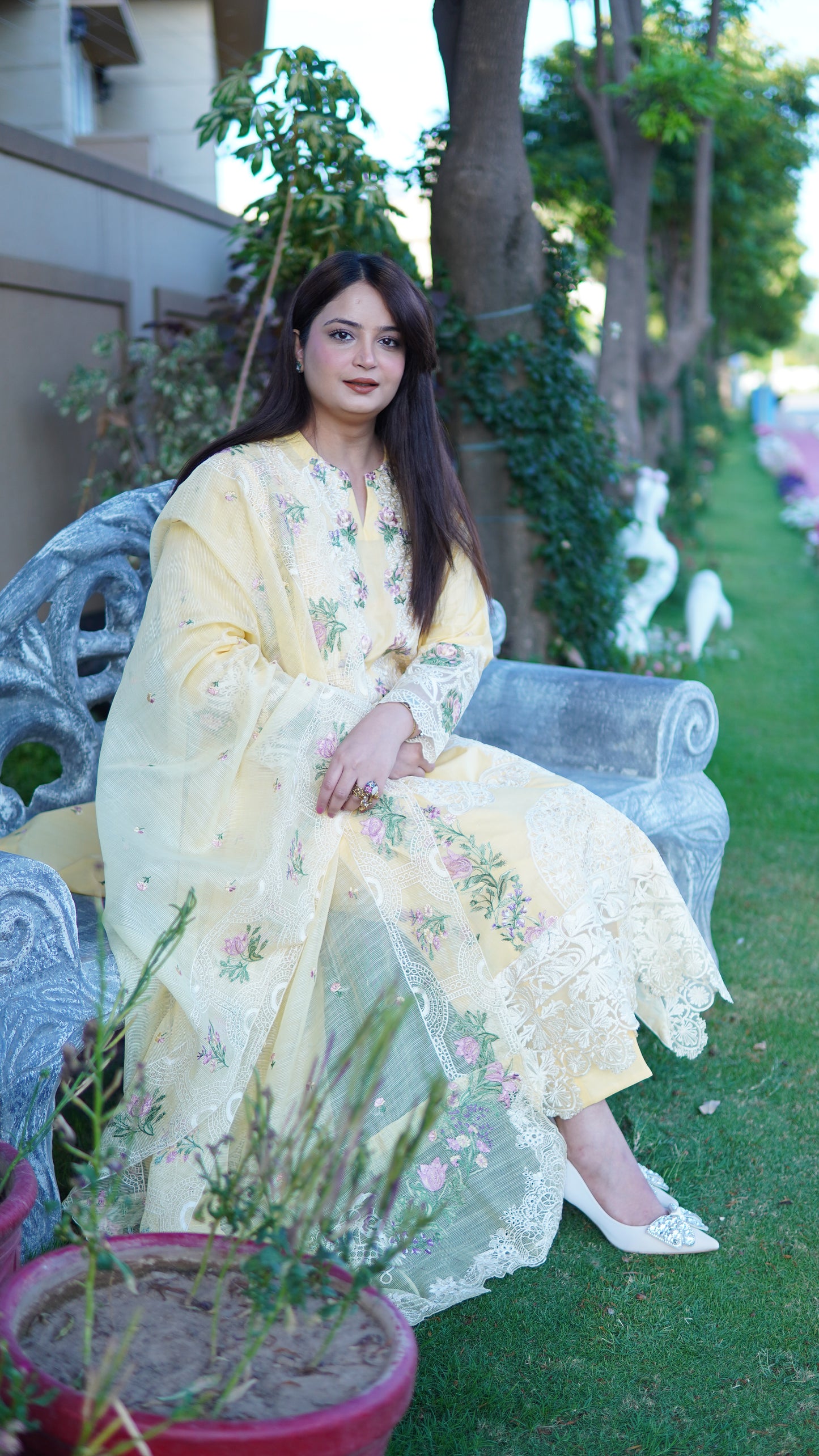 Luxury Lawn Butter Yellow Embroidered 3PC Stitched Article | Heavy Embroidered Dupatta Suit - Menaalpret