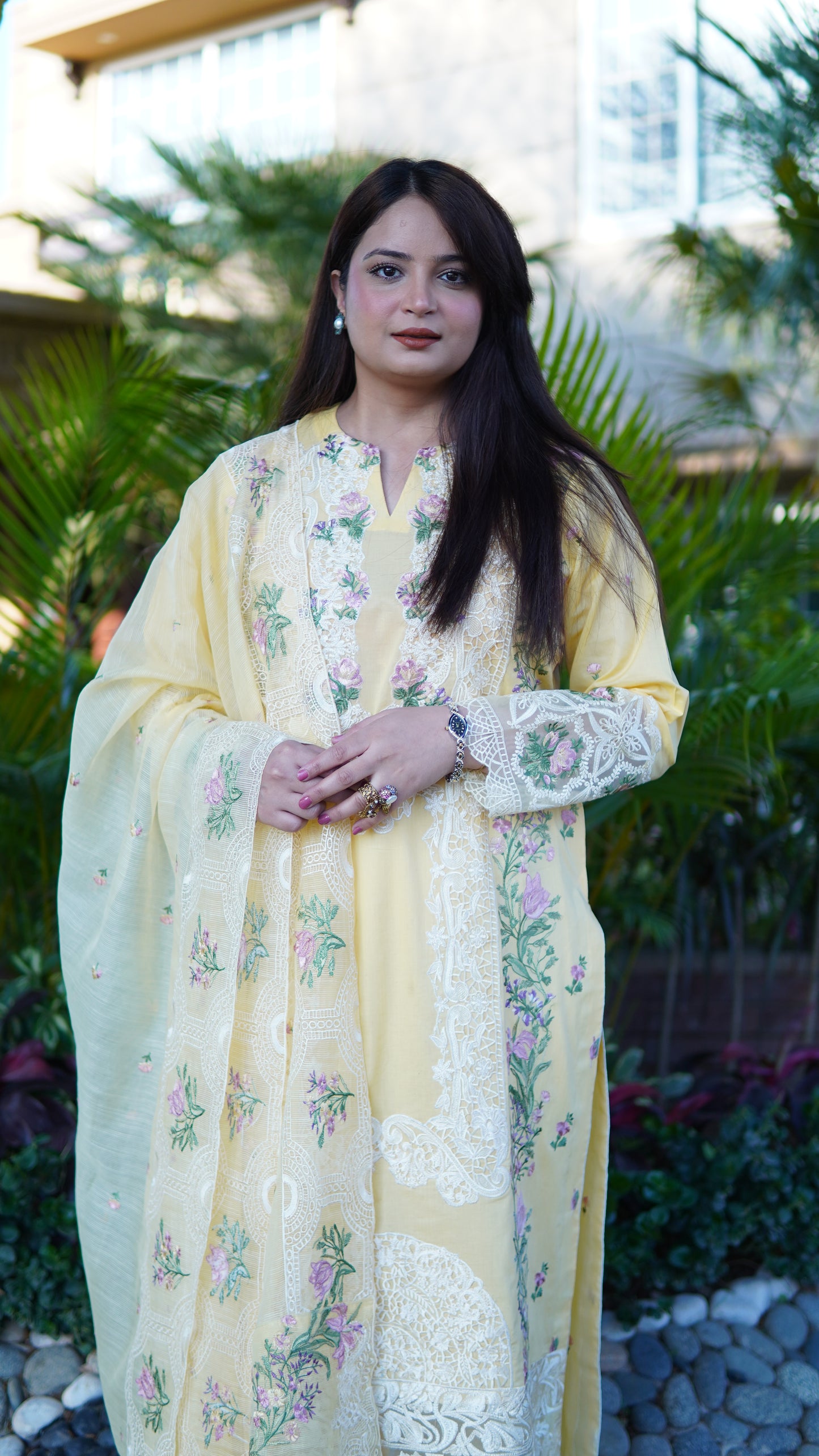 Luxury Lawn Butter Yellow Embroidered 3PC Stitched Article | Heavy Embroidered Dupatta Suit - Menaalpret