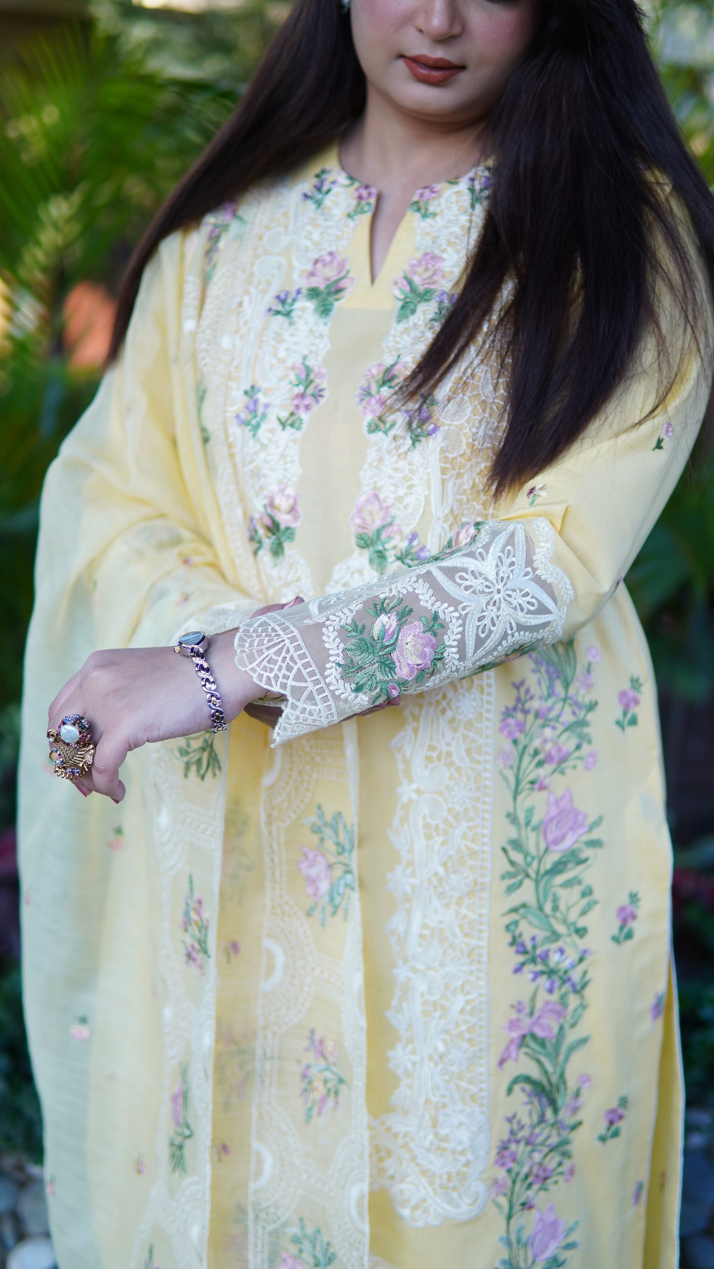 Luxury Lawn Butter Yellow Embroidered 3PC Stitched Article | Heavy Embroidered Dupatta Suit - Menaalpret