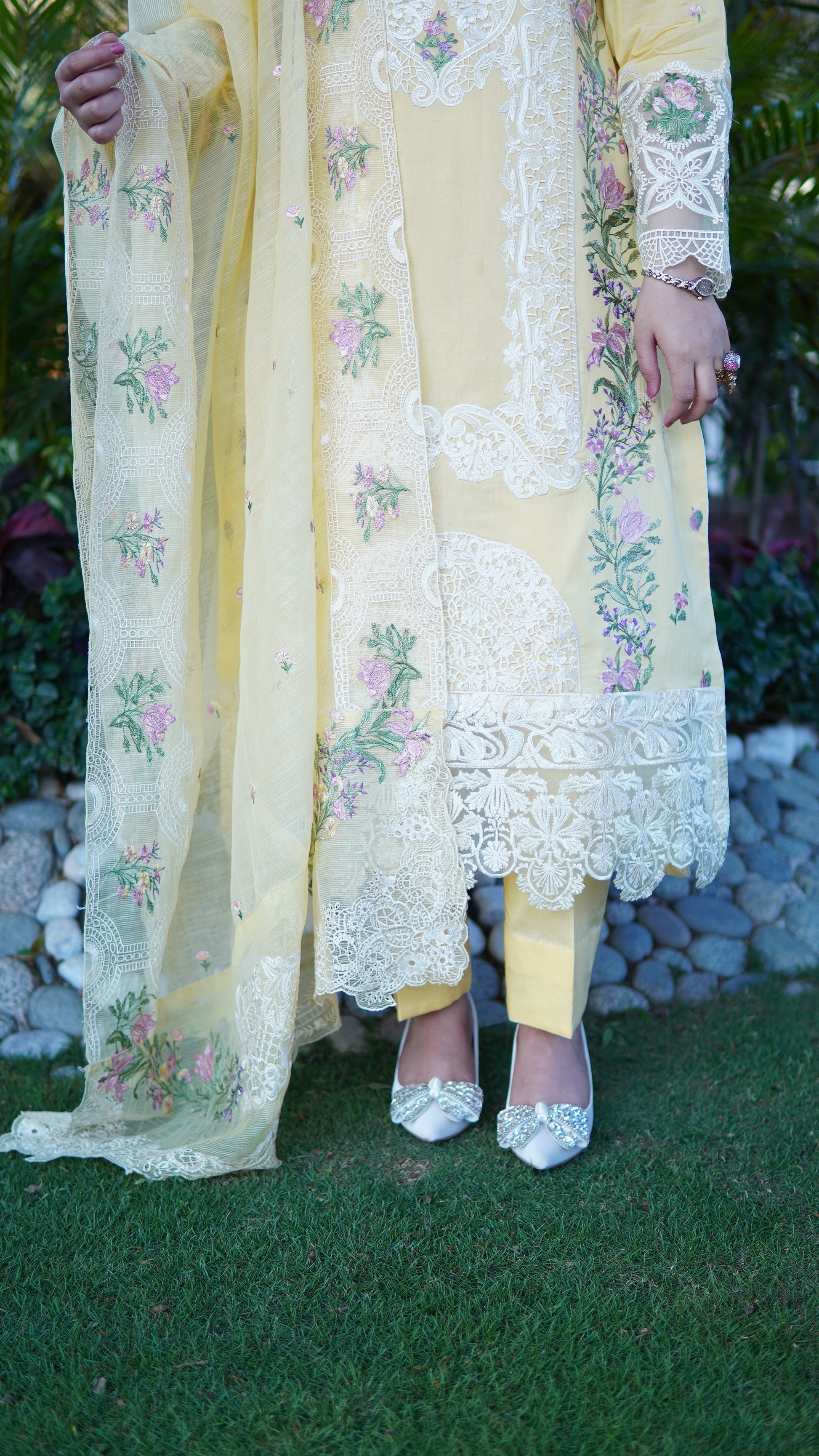 Luxury Lawn Butter Yellow Embroidered 3PC Stitched Article | Heavy Embroidered Dupatta Suit - Menaalpret