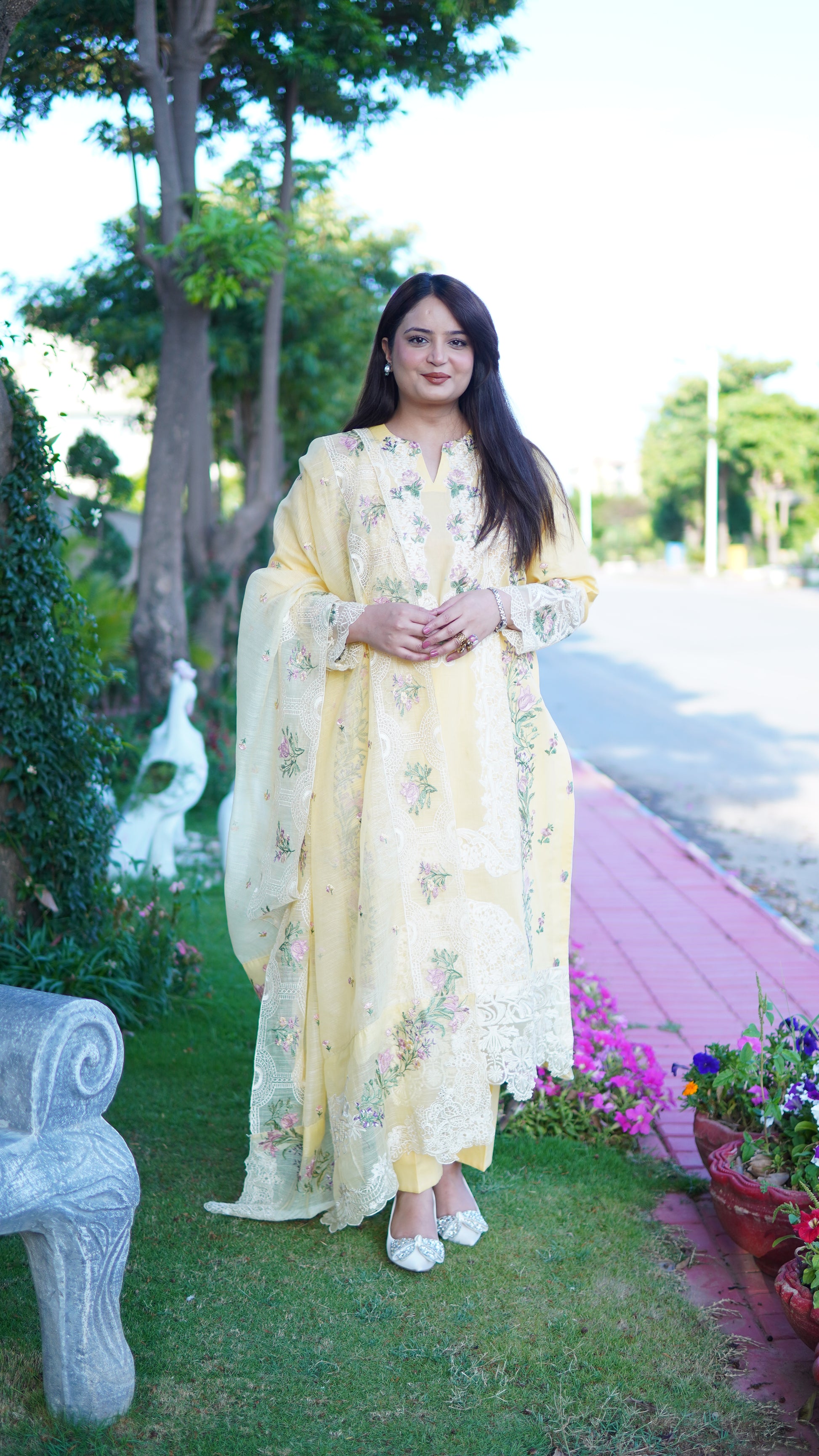Luxury Lawn Butter Yellow Embroidered 3PC Stitched Article | Heavy Embroidered Dupatta Suit - Menaalpret