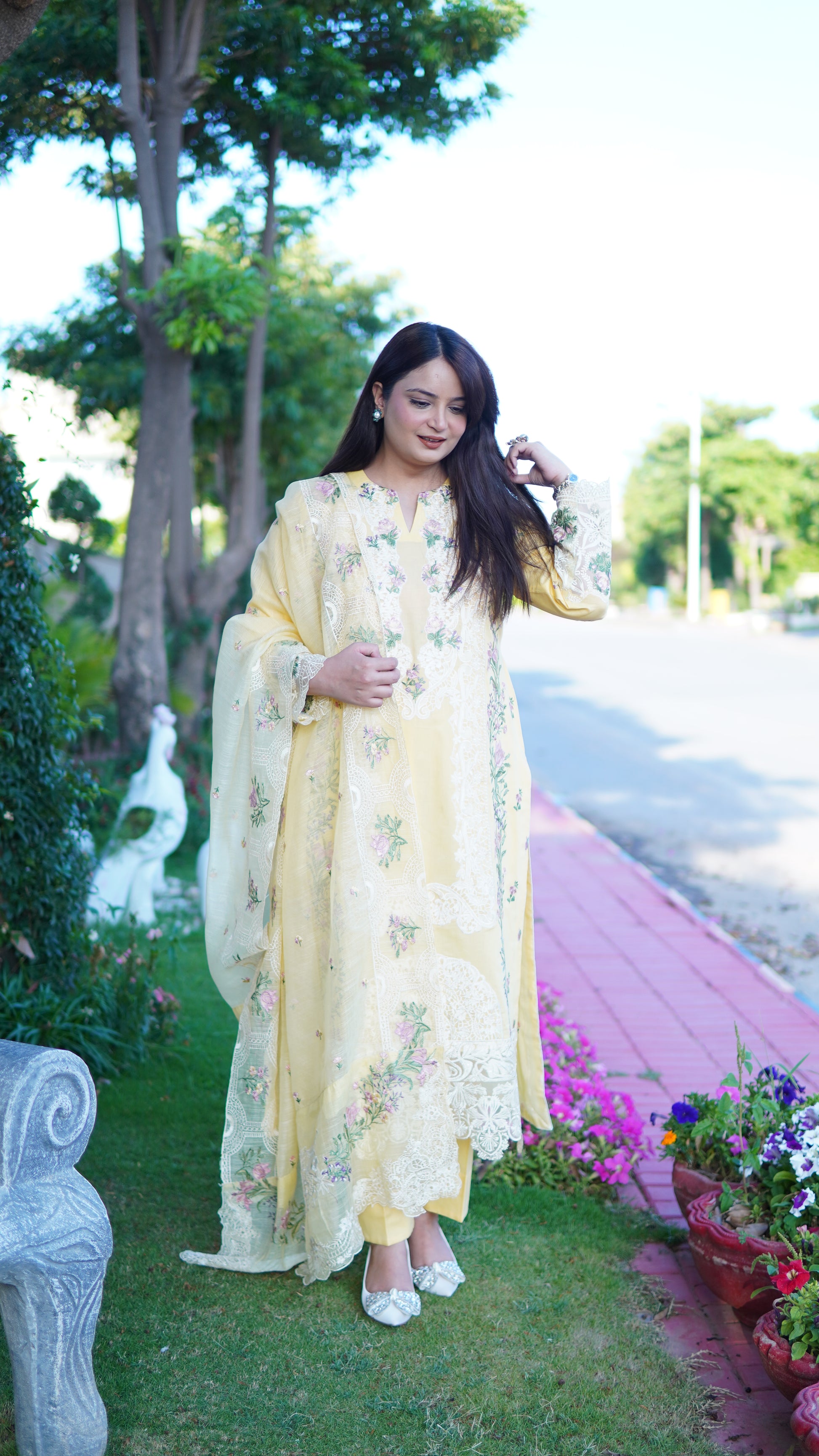 Luxury Lawn Butter Yellow Embroidered 3PC Stitched Article | Heavy Embroidered Dupatta Suit - Menaalpret