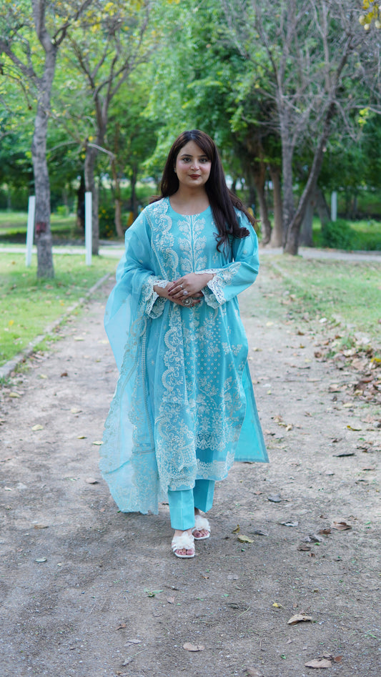 Luxury Ferozi Embroidered Lawn 3 Piece Stitched Suit with Khadi Net Embroidered Dupatta - Menaalpret
