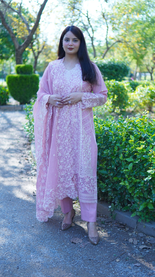 Luxury Pink Embroidered Lawn 3 Piece Stitched Suit with Soft Khadi Net Embroidered Dupatta - Menaalpret