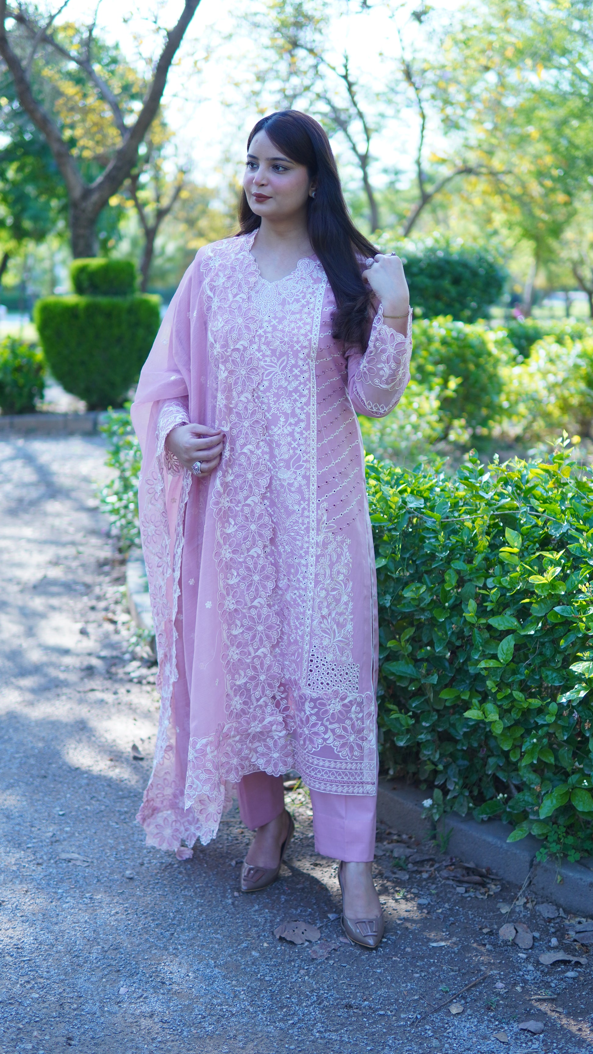 Luxury Pink Embroidered Lawn 3 Piece Stitched Suit with Soft Khadi Net Embroidered Dupatta - Menaalpret