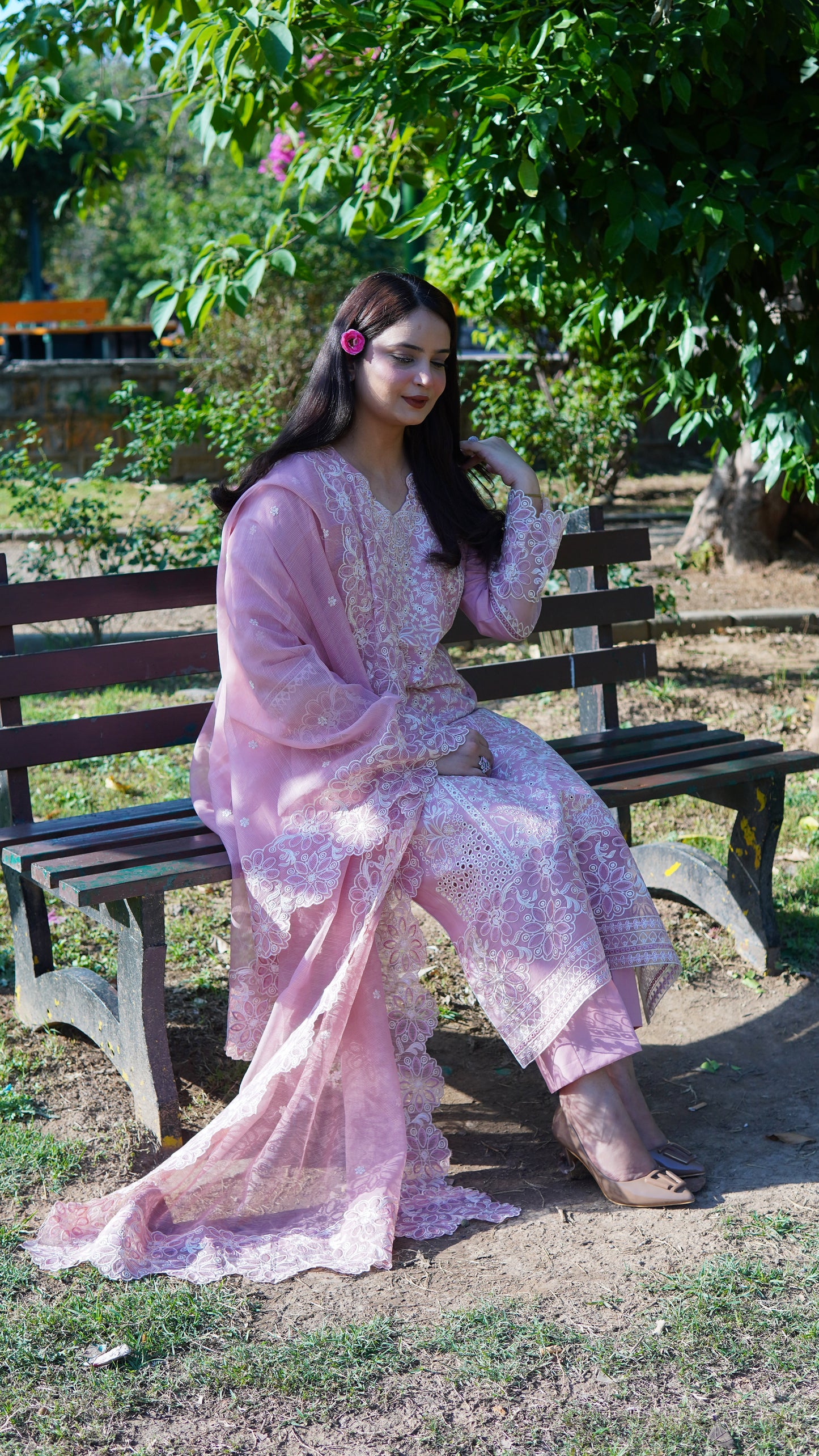 Luxury Pink Embroidered Lawn 3 Piece Stitched Suit with Soft Khadi Net Embroidered Dupatta - Menaalpret