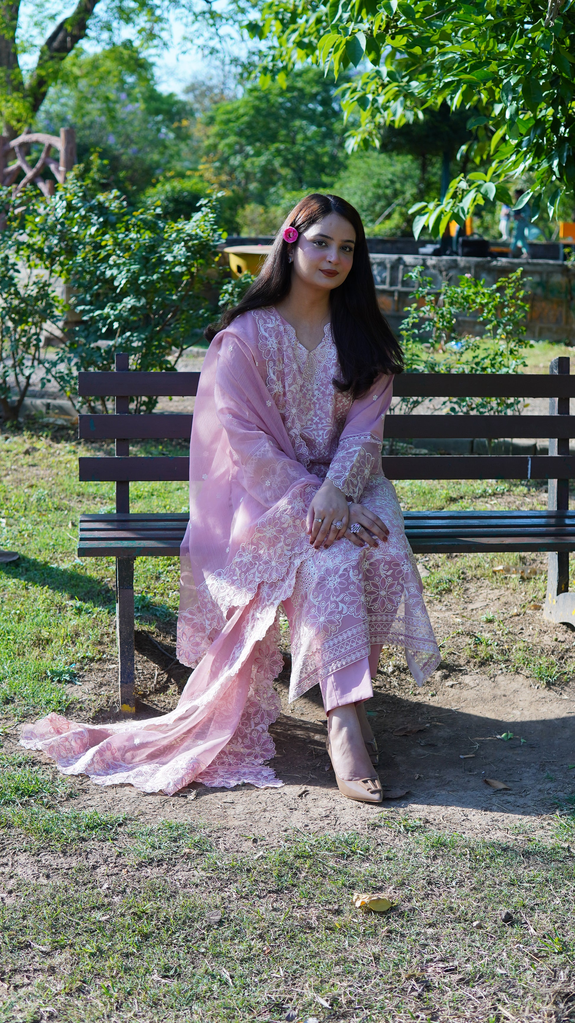 Luxury Pink Embroidered Lawn 3 Piece Stitched Suit with Soft Khadi Net Embroidered Dupatta - Menaalpret