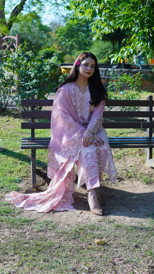 Luxury Pink Embroidered Lawn 3 Piece Stitched Suit with Soft Khadi Net Embroidered Dupatta - Menaalpret
