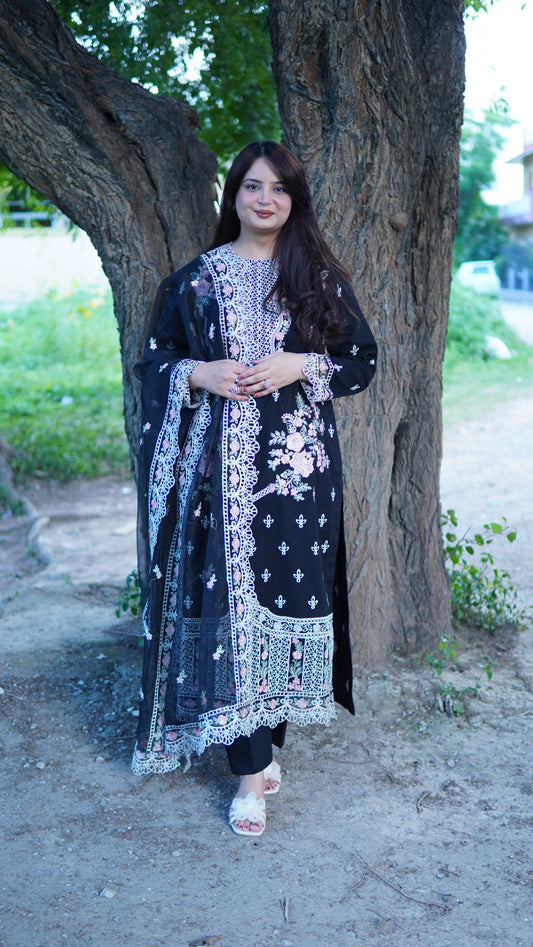 Black Embroidered Luxury Lawn 3 Piece Stitched Suit with Soft Khaddi Net Embroidered Dupatta – Premium Party Wear Pakistani Dress for Women - Menaalpret