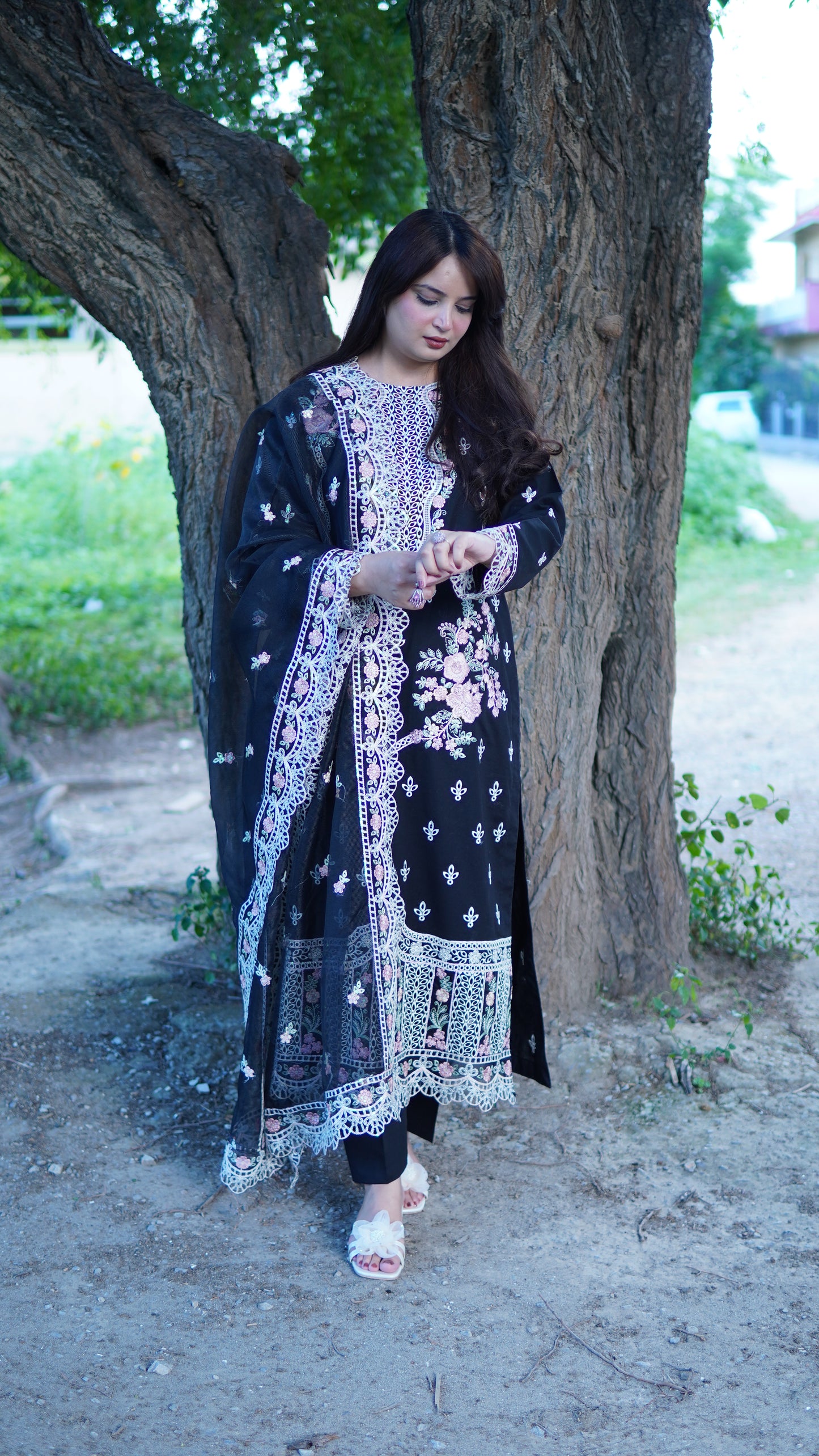 Black Embroidered Luxury Lawn 3 Piece Stitched Suit with Soft Khaddi Net Embroidered Dupatta – Premium Party Wear Pakistani Dress for Women - Menaalpret
