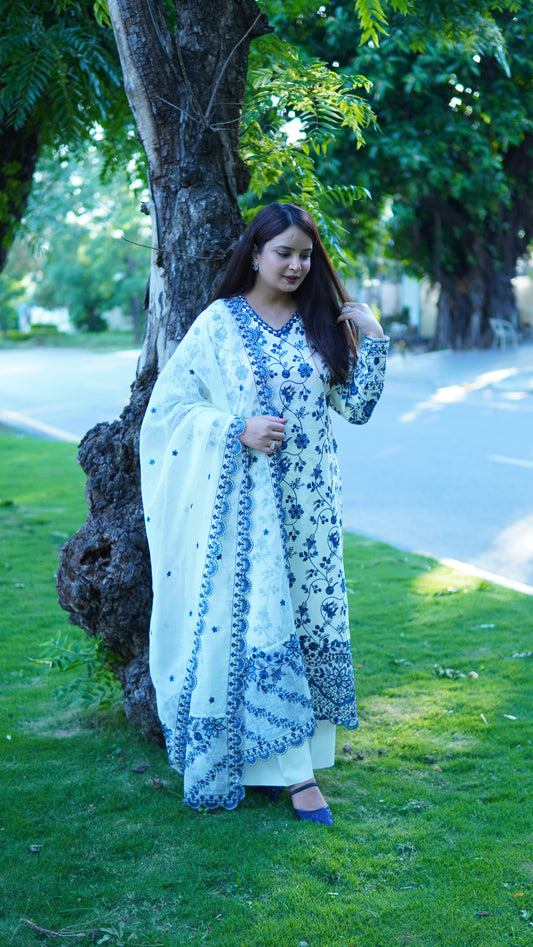 Elegant White & Blue Embroidered 3 Piece Stitched Lawn Suit for Women – Premium Ready to Wear Traditional Pakistani Dress - Menaalpret