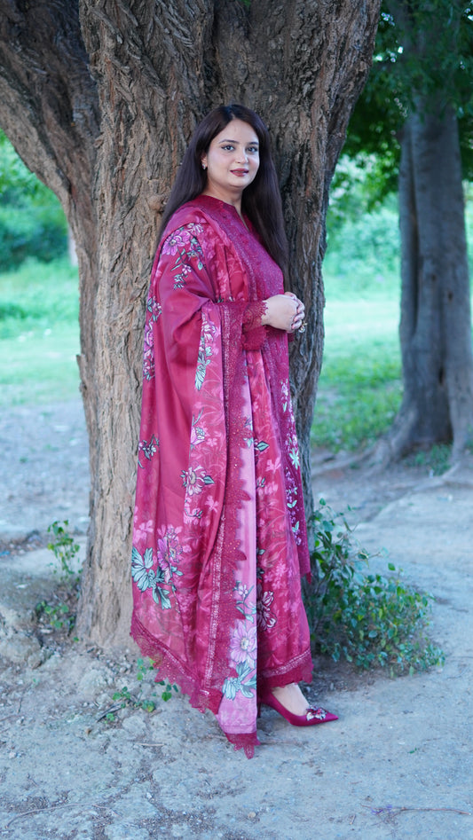 Mehroon Lawn Embroidered 3 Piece Stitched Dress With Silk Dupatta – Premium Ready to Wear Pakistani Women Suit - Menaalpret