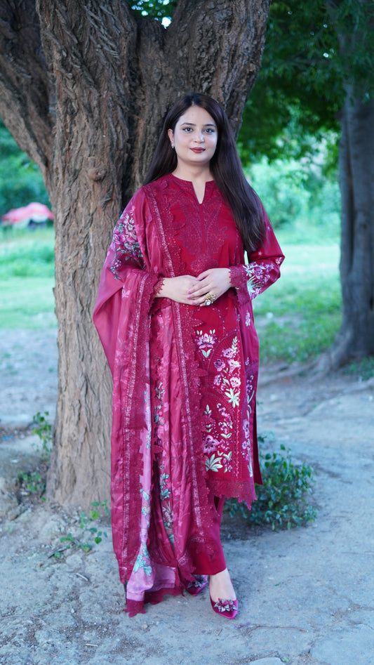 Mehroon Lawn Embroidered 3 Piece Stitched Dress With Silk Dupatta – Premium Ready to Wear Pakistani Women Suit - Menaalpret