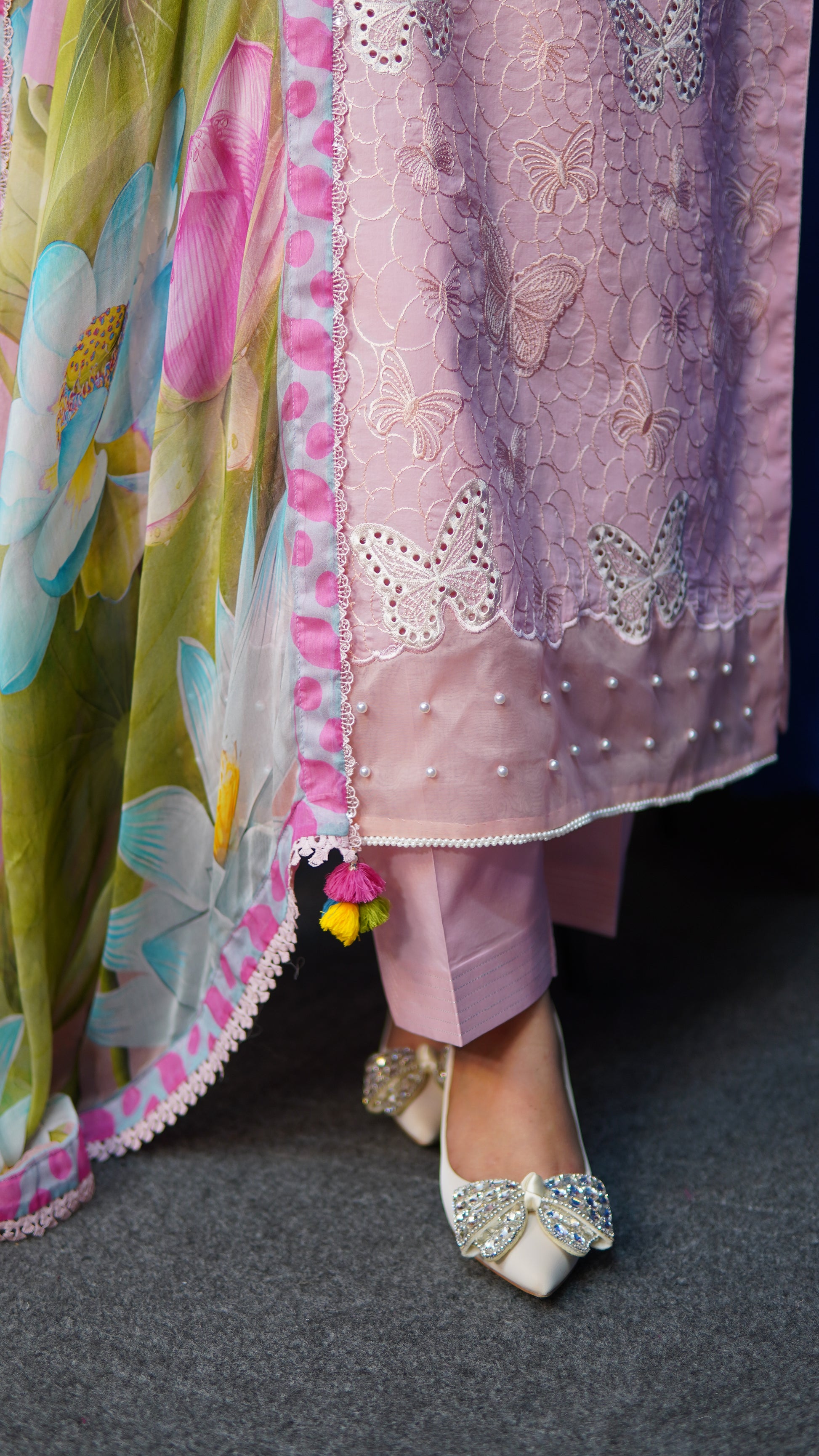 butterfly dress designs pakistani Luxury Butterfly Design Schiffli Embroidered EID Lawn Dress with Emb.  Chiffon Dupatta (Unstitched) (DRL-2410)
