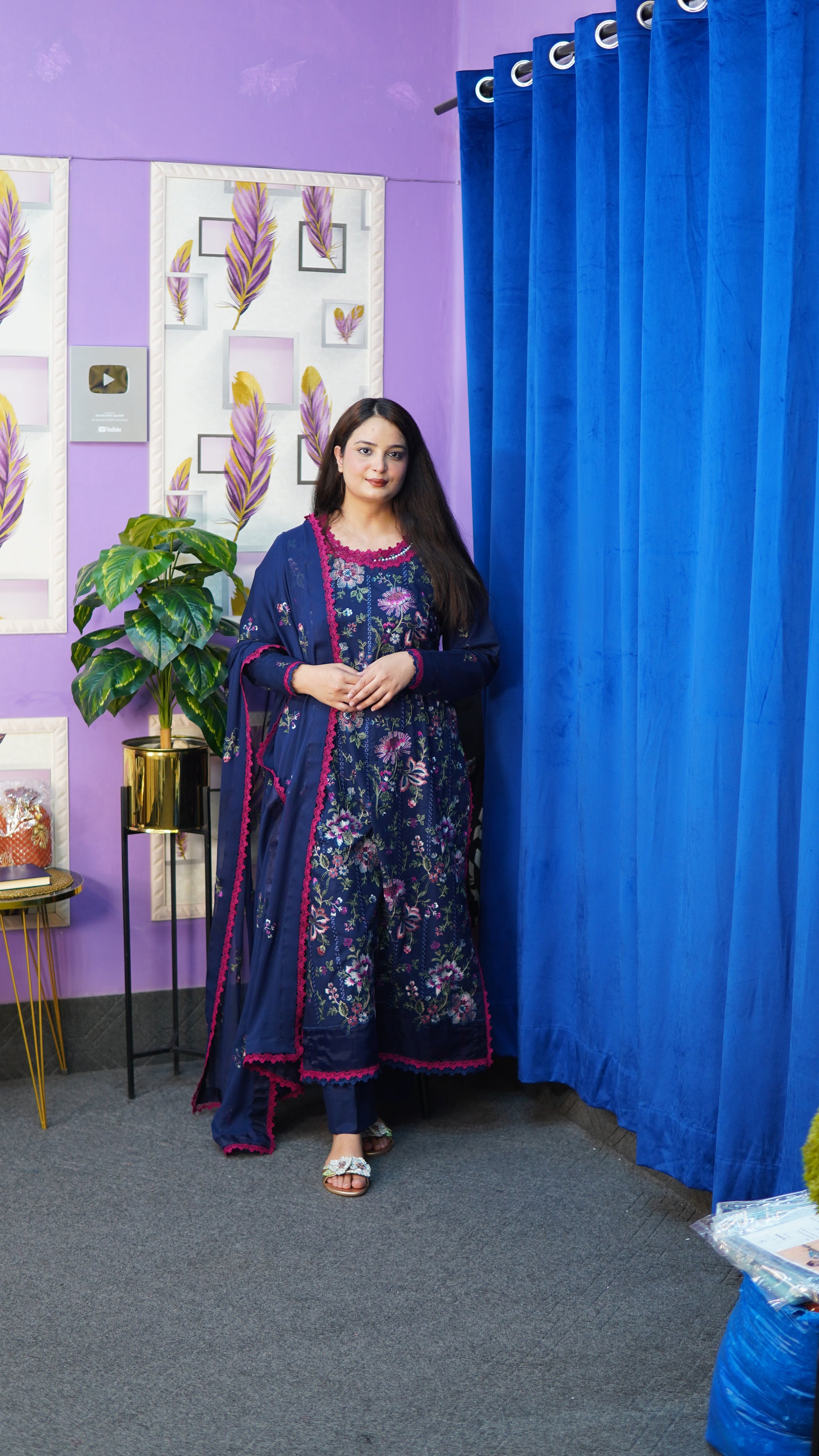 Navy Blue Embroidered 3 Piece Stitched Suit with Embroidered Chiffon Dupatta – Premium Pakistani Party Wear Dress for Women - Menaalpret