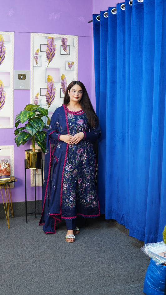 Navy Blue Embroidered 3 Piece Stitched Suit with Embroidered Chiffon Dupatta – Premium Pakistani Party Wear Dress for Women