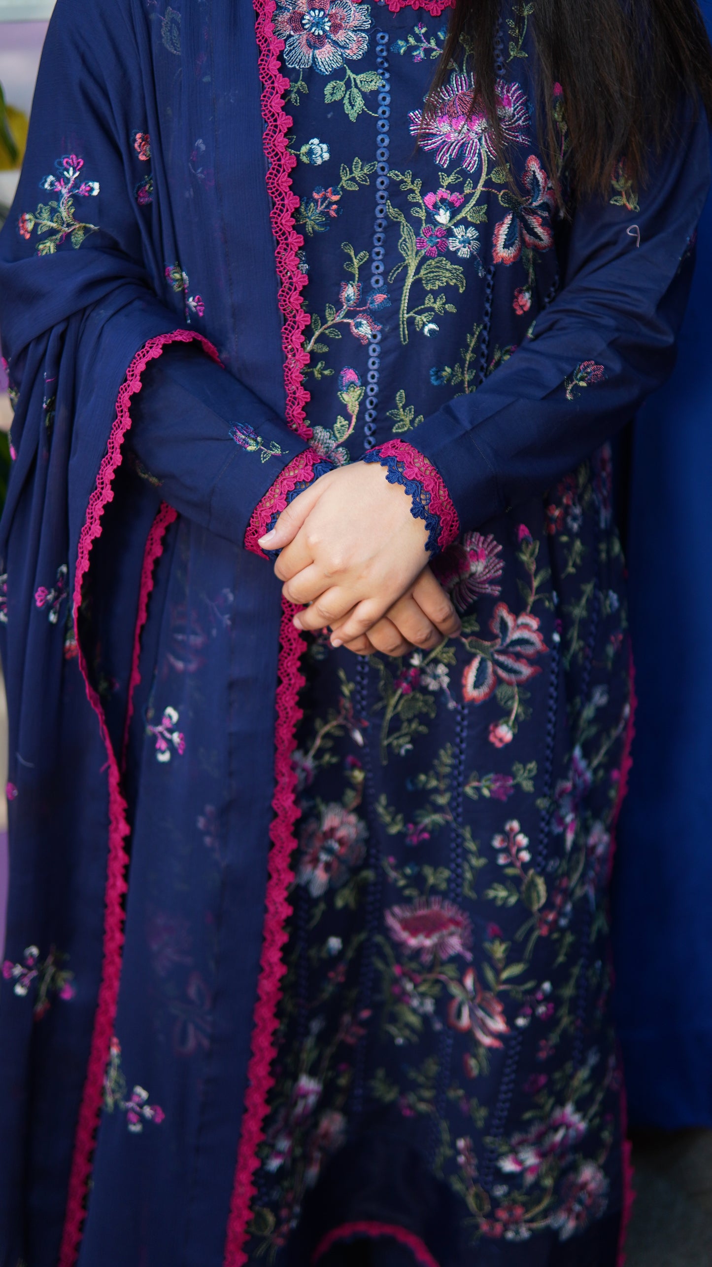 Navy Blue Embroidered 3 Piece Stitched Suit with Embroidered Chiffon Dupatta – Premium Pakistani Party Wear Dress for Women - Menaalpret