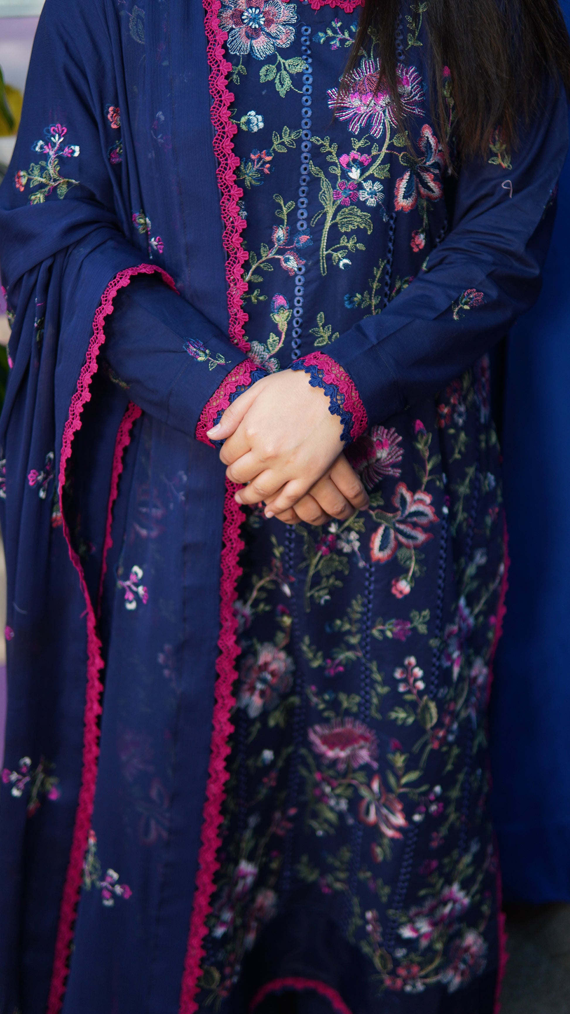 Navy Blue Embroidered 3 Piece Stitched Suit with Embroidered Chiffon Dupatta – Premium Pakistani Party Wear Dress for Women - Menaalpret