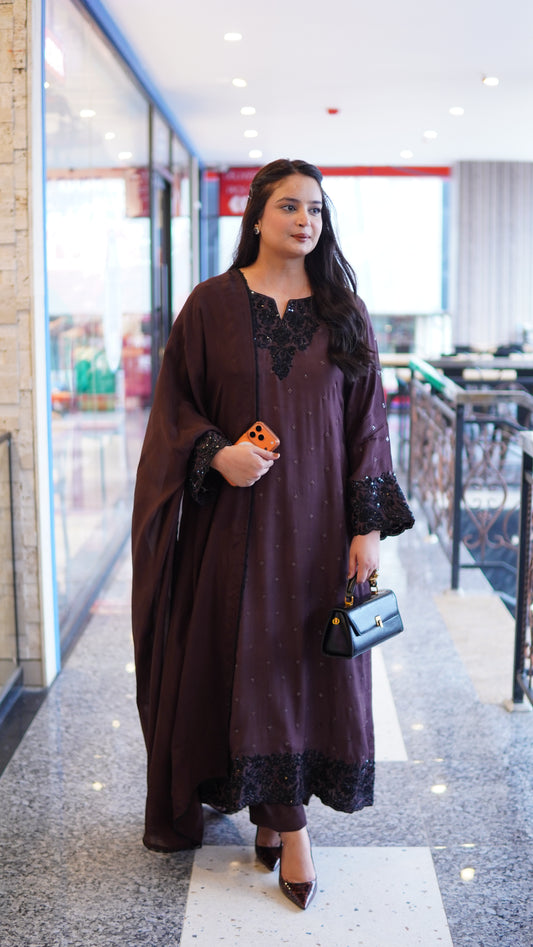 Luxury Raw Silk Handwork 3 Piece Stitched Long Kaftan Style Suit For Women