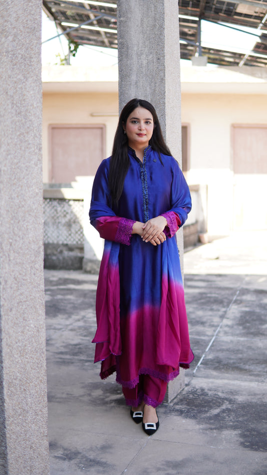 Ombre Sheesha Silk Long Shirt – Stitched 3-Piece Dress (Premium Ethnic Wear) - Menaalpret