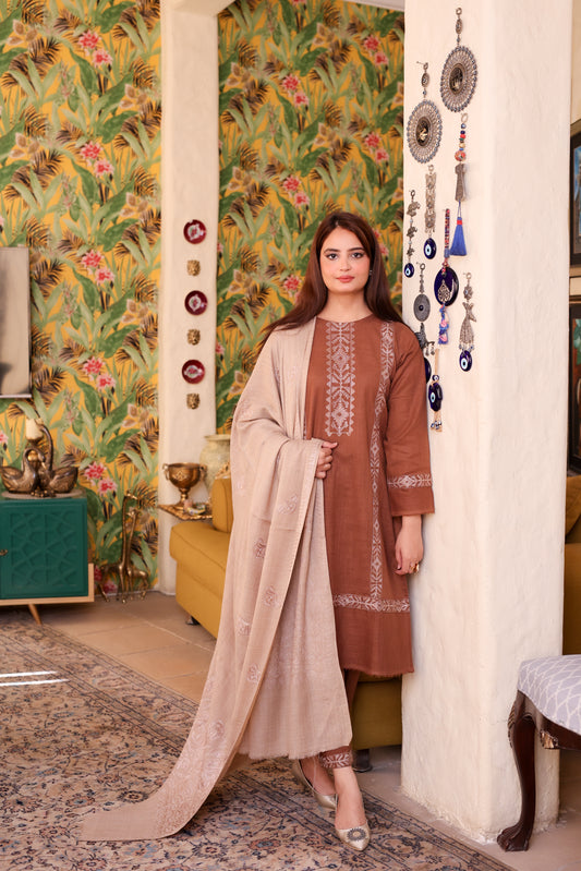 2-piece Brown Embroidered Khaddar Stitched Suit