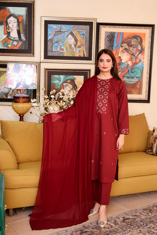 2-Piece Maroon Embroidered Khaddar Stitched Suit