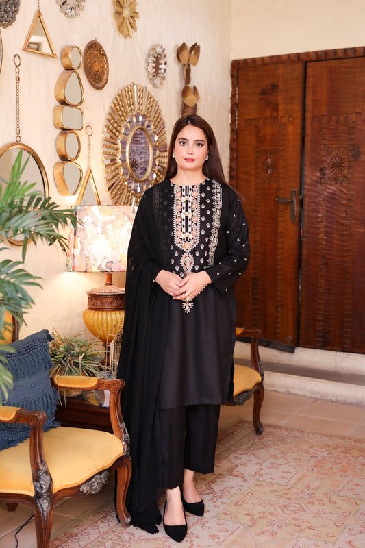 2-Piece Black Embroidered Marina Stitched Suit